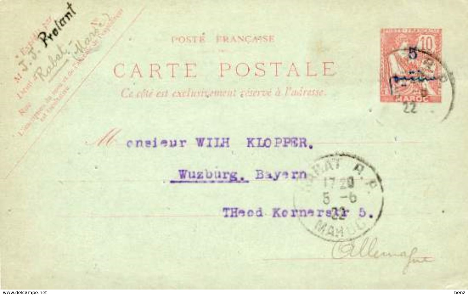 MAROC ENTIER POSTAL OB RABAT 1922 POUR ALLEMAGNE TYPE MOUCHON SUCHARGE 10 CENTIMOS PAS COURANT B/ TB - Cartas & Documentos