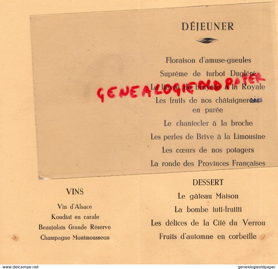 87 -SAINT LEONARD NOBLAT-RARE MENU LES AMIS DES FLEURS-22 OCTOBRE 1961-TURBOT DUGLERE-LIEVRE DE BRUYERE-PERLES DE BRIVE - Menükarten