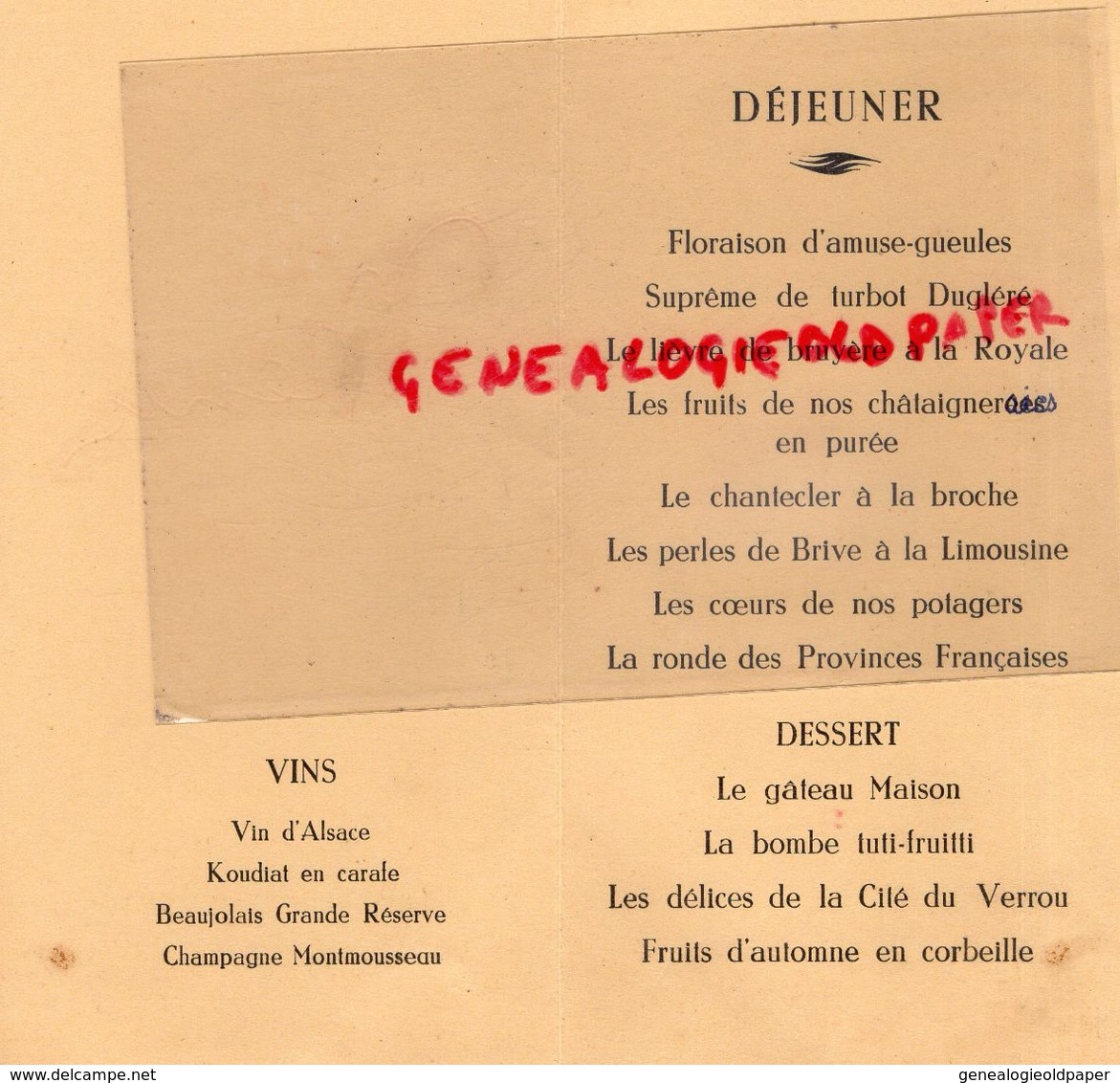 87 -SAINT LEONARD NOBLAT-RARE MENU LES AMIS DES FLEURS-22 OCTOBRE 1961-TURBOT DUGLERE-LIEVRE DE BRUYERE-PERLES DE BRIVE - Menus