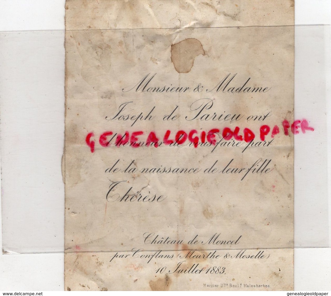 54- JARNY- PAR CONFLANS- CHATEAU DE MONTCEL- RARE FAIRE PART NAISSANCE THERESE DE PARIEU- JOSEPH DE PARIEU-10-7- 1883 - Naissance & Baptême