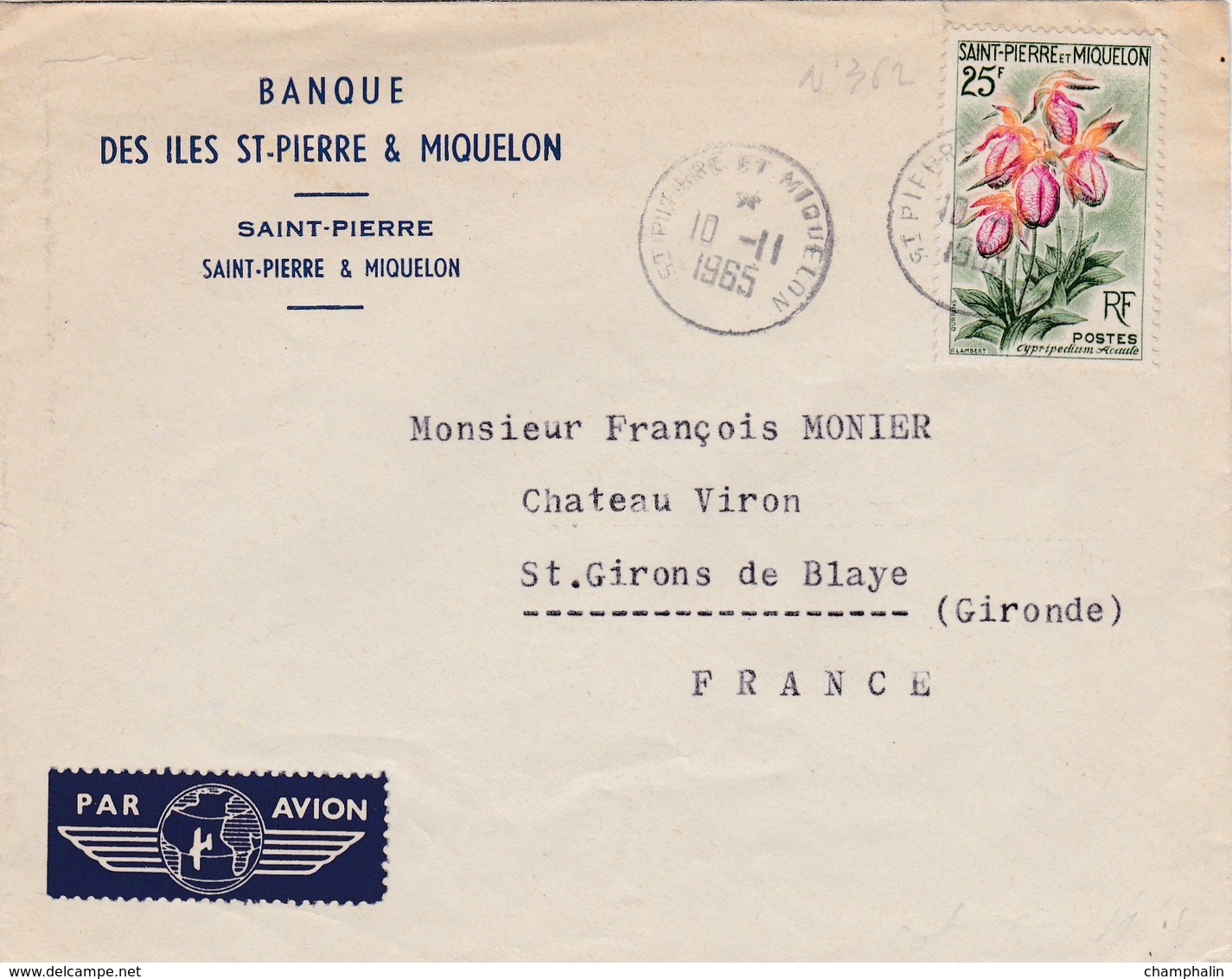 ESC De Saint-Pierre Et Miquelon (975) Pour Saint-Girons-de-Blaye (33) - CAD 10 Novembre 1965 - Timbre YT 362 - Lettres & Documents