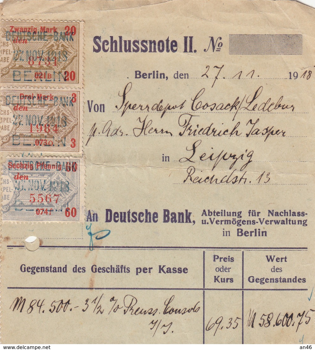 Storia Postale-Berlin,den 27.11.1918-Tre Marche Da Bollo-Deutsch Banke:1°Zwanzig Mark 20-2°Drei Mark 3-3°Sechzig Mark 60 - Posta