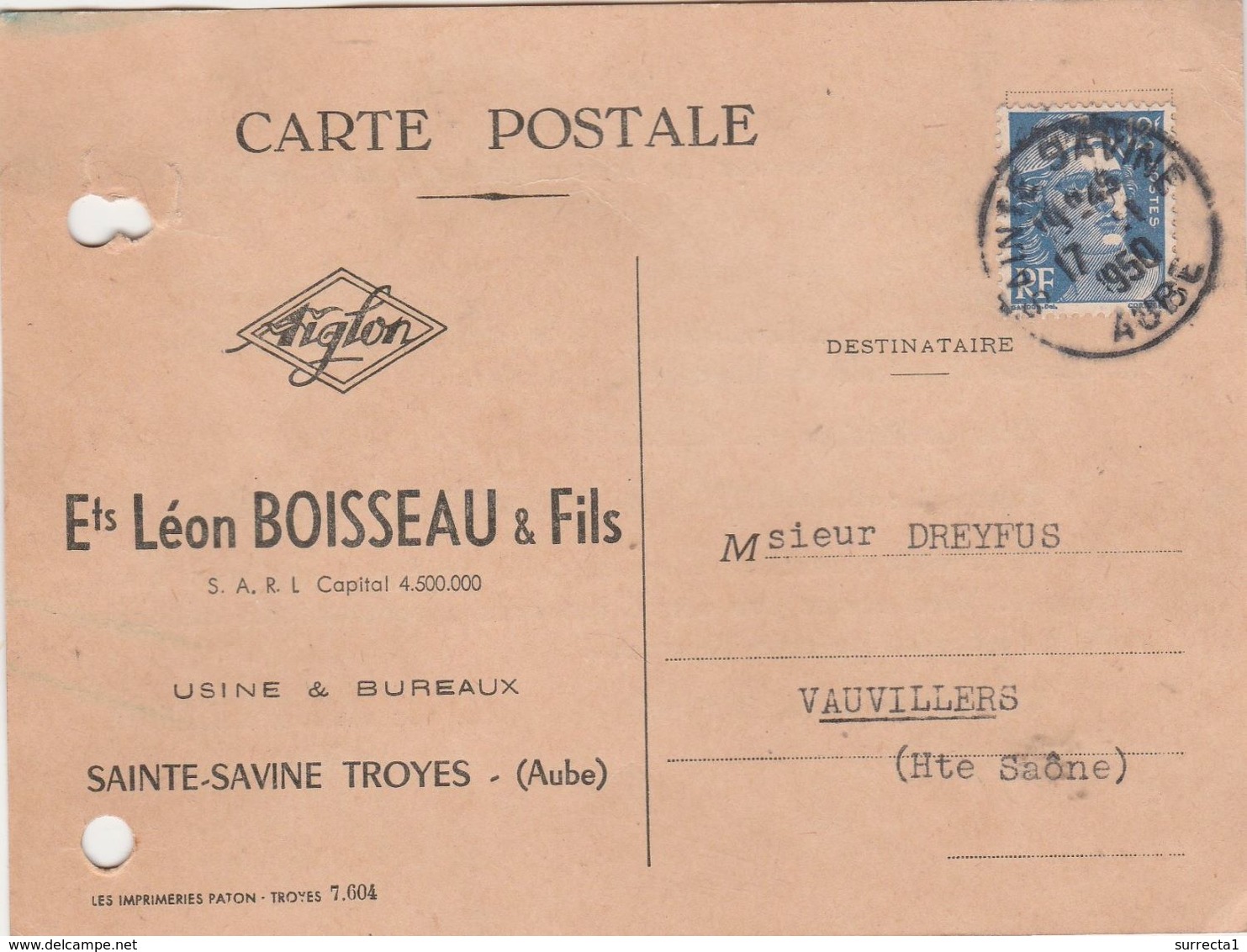 Carte Commerciale Ets Léon BOISSEAU / Bonneterie / 10 Sainte Savine / Troyes / Aube - Other & Unclassified