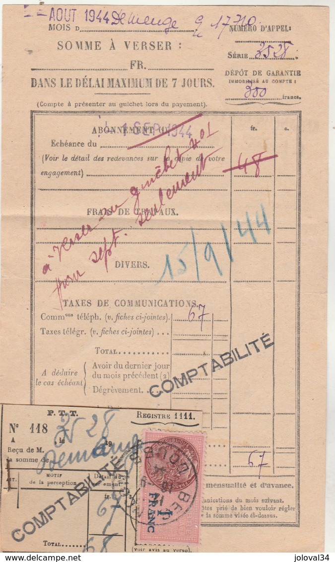 Cachet Oblitération Postale Timbre Fiscal BESANCON Doubs 16/9/1944 Sur Reçu Taxe Téléphone - Lettres & Documents