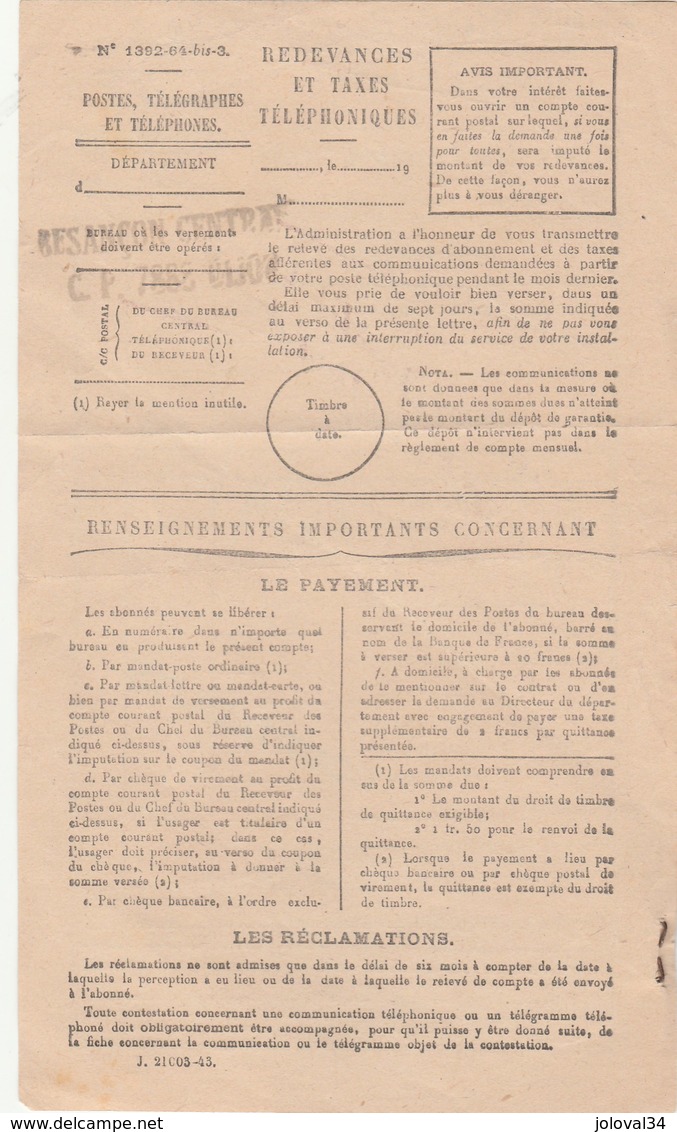 Cachet Oblitération Postale Timbre Fiscal BESANCON Doubs 16/9/1944 Sur Reçu Taxe Téléphone - Lettres & Documents