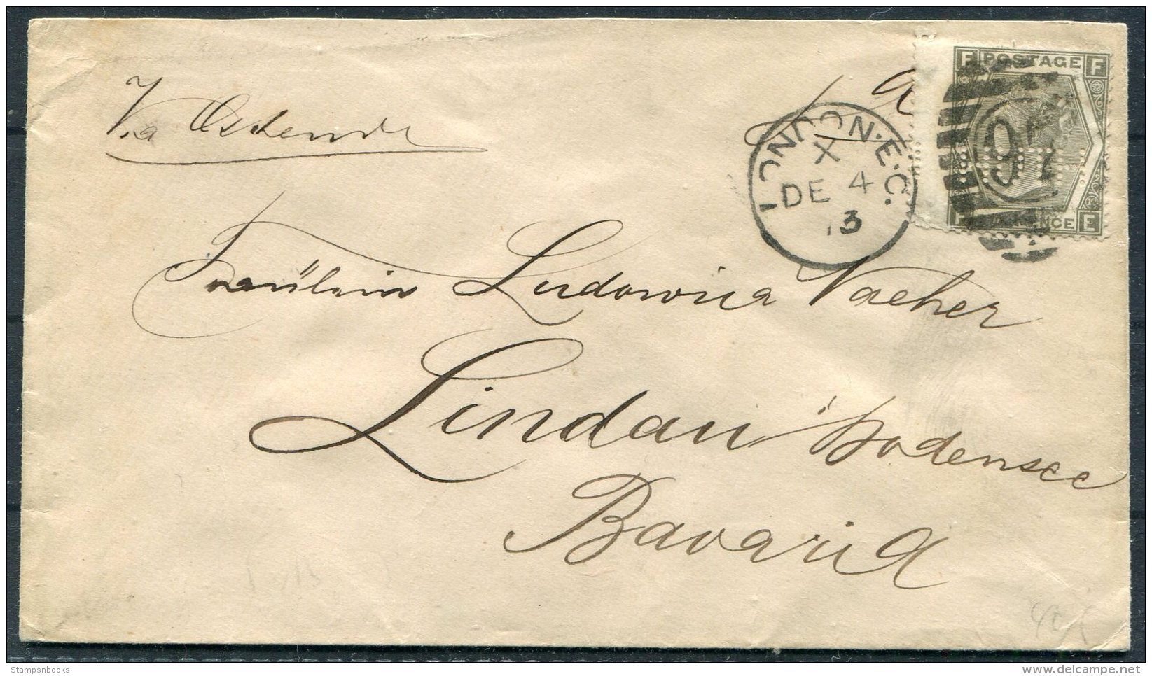 1873 GB QV 6d 'HUTH' Perfin Cover London EC Duplex - Lindau, Bavaria Germany - Lettres & Documents