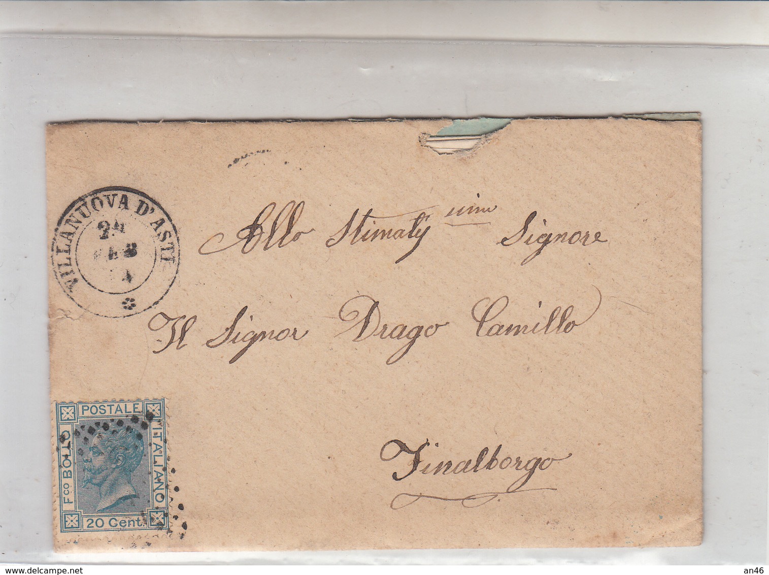 Storia Postale_VITT.EMAN.II-Valore Da 20 Cent-Vg Da Villanova D'Asti 24-2-1874 A Finalborgo Il 26-2-874-Via Xxmiglia 25- - Posta