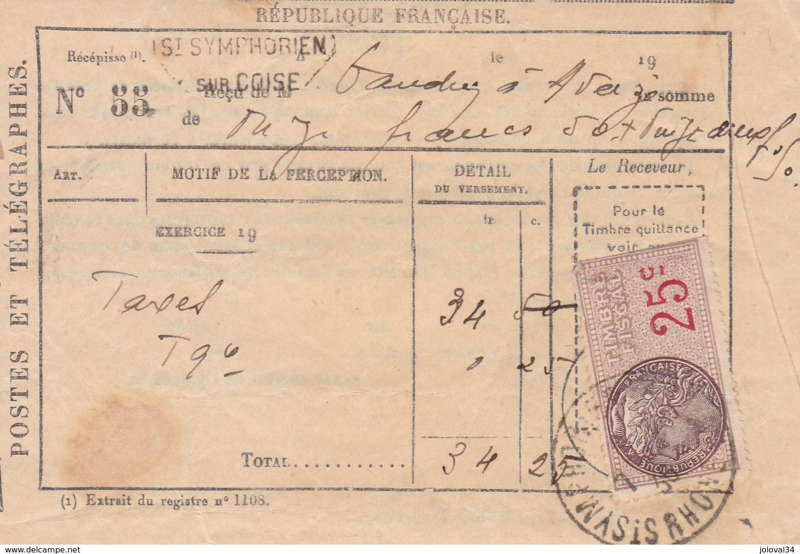 Cachet Et Griffe Oblitération Postale Timbre Fiscal ST SYMPHORIEN Sur COISE Rhône 1936 Sur Reçu - Lettres & Documents