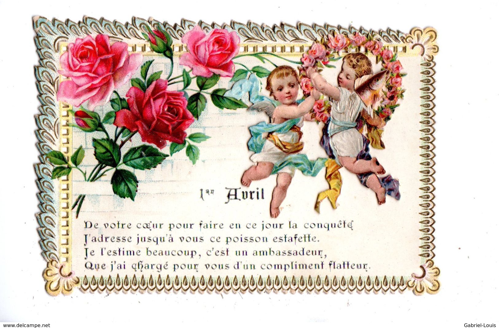 1 Er Avril - Carte Petit Format - Gaufrée - Collage - Anges - Couronne - Fleurs - De Votre Cœur Pour Faire En Ce Jour... - 1er Avril - Poisson D'avril