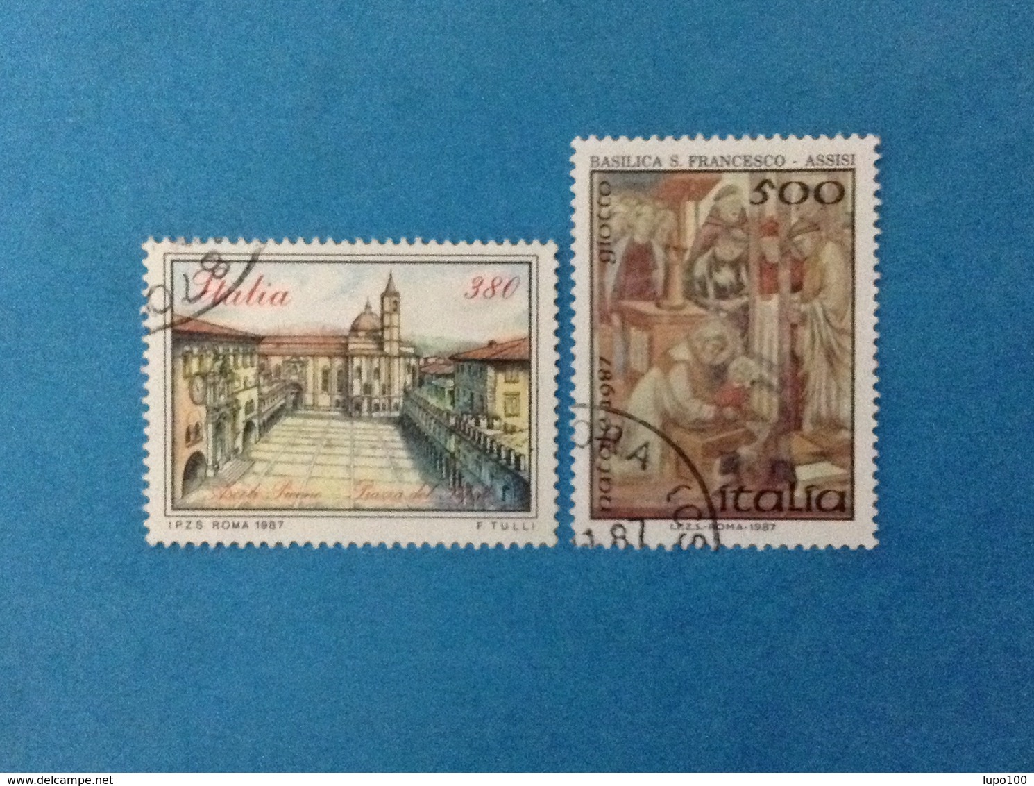 1987 ITALIA FRANCOBOLLI USATI STAMPS USED - ASCOLI PICENO PIAZZA DEL POPOLO + NATALE GIOTTO 500 LIRE - 1981-90: Usati