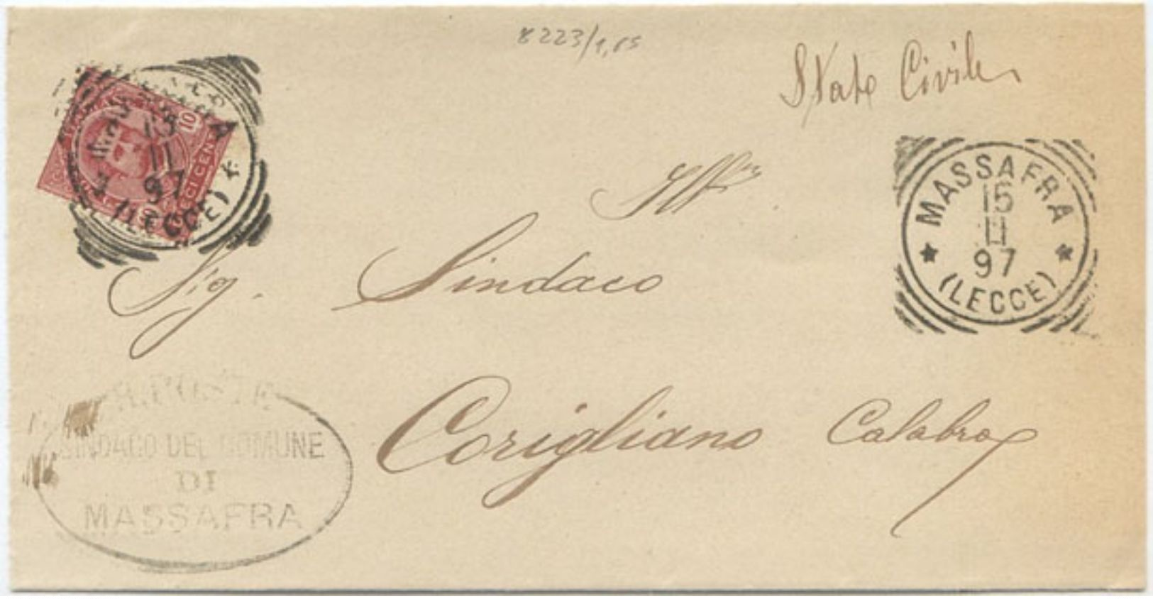 1897 UMBERTO C. 10 TONDO RIQUADRATO MASSAFRA (LECCE) 15.11.97 SU PIEGO A CORIGLIANO (8223) - Storia Postale