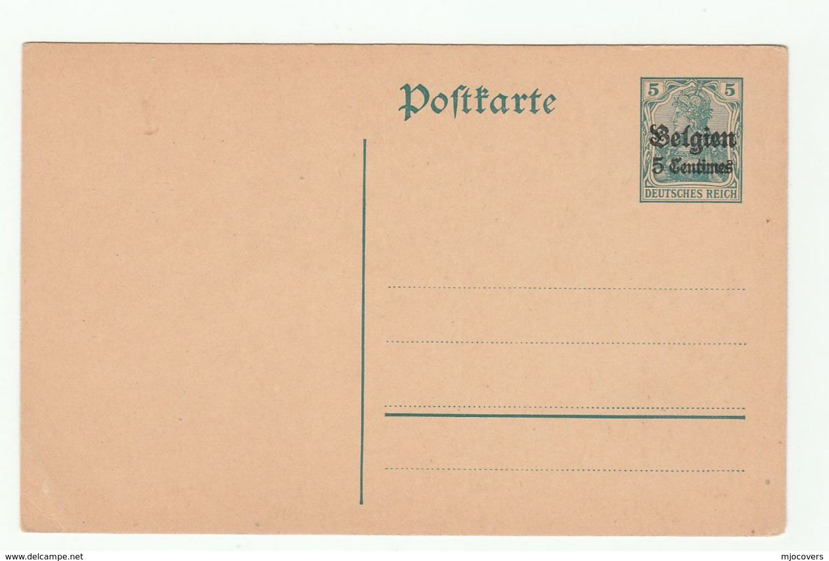 WWI BELGIUM OCCUPATION  GERMANY 5c Ovpt 5pf Postal STATIONERY CARD Stamps Cover - OC1/25 General Government