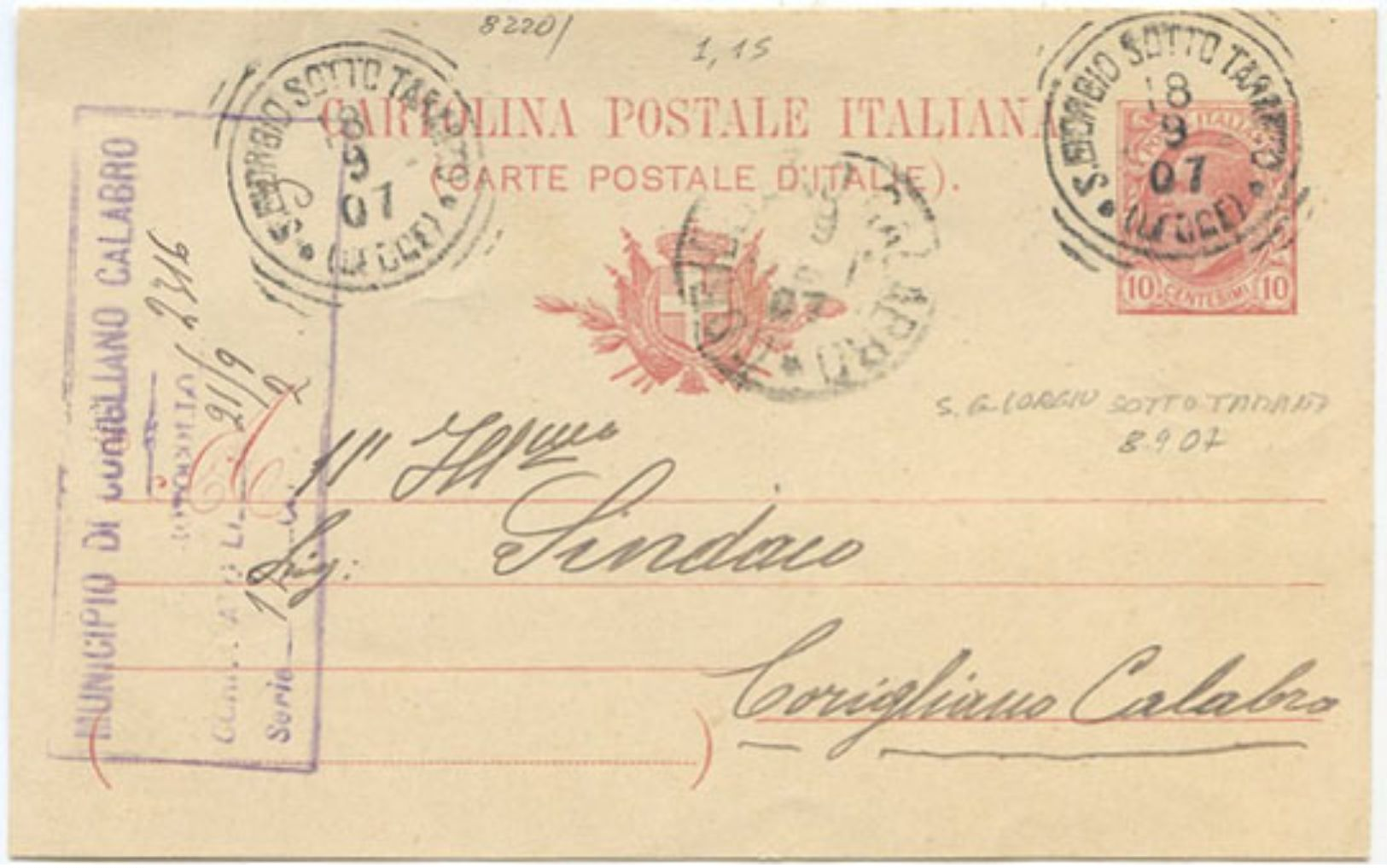 1907 CART.  POSTALE LEONI C. 10 TONDO RIQUADRATO S. GIORGIO SOTTO TARANTO (LECCE) 8.9.07 A CORIGLIANO (8220) - Storia Postale