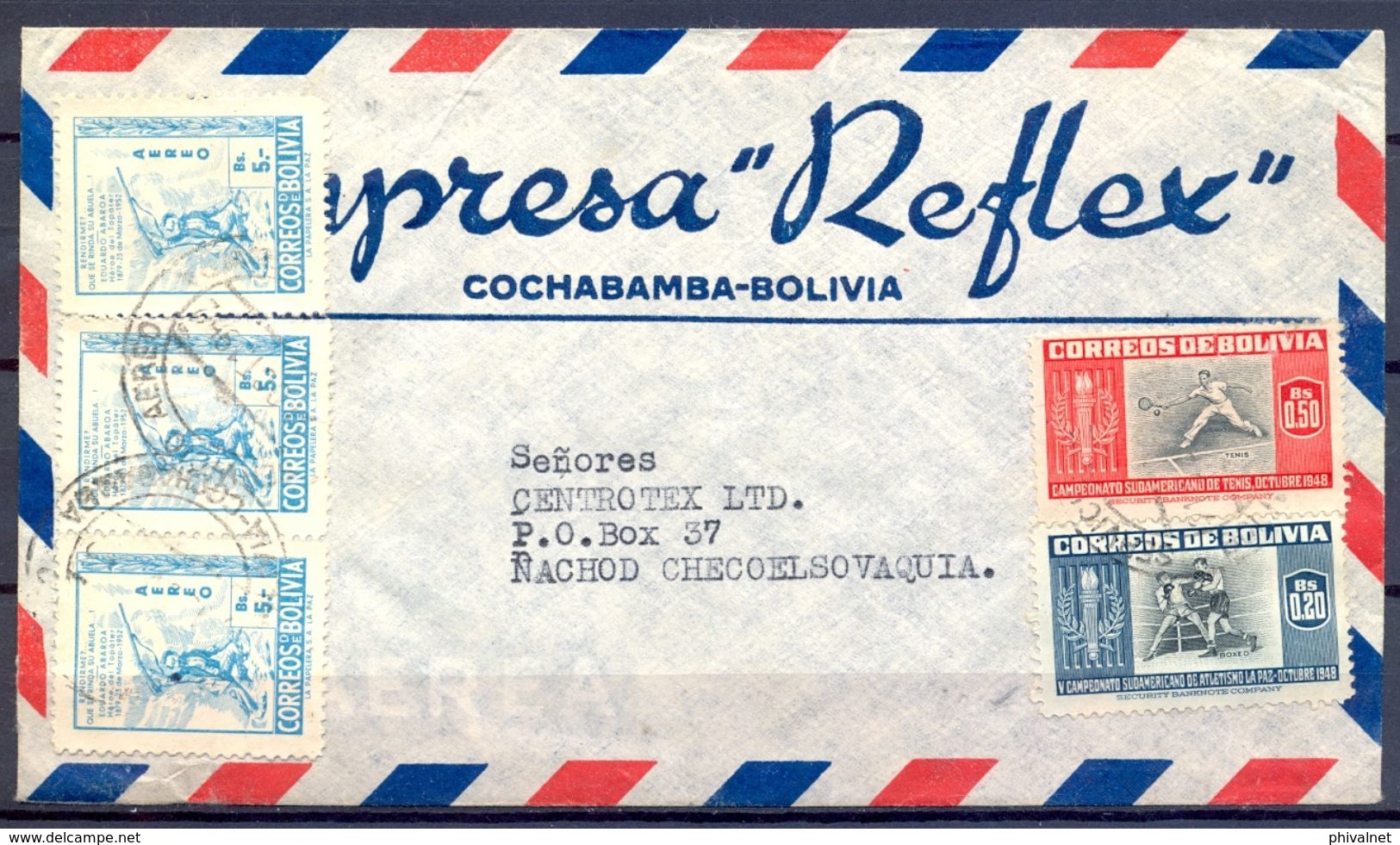 1952 , BOLIVIA , SOBRE COMERCIAL , EMPRESA " REFLEX " , CIRCULADO ENTRE COCHABAMBA Y NÁCHOD - Bolivia