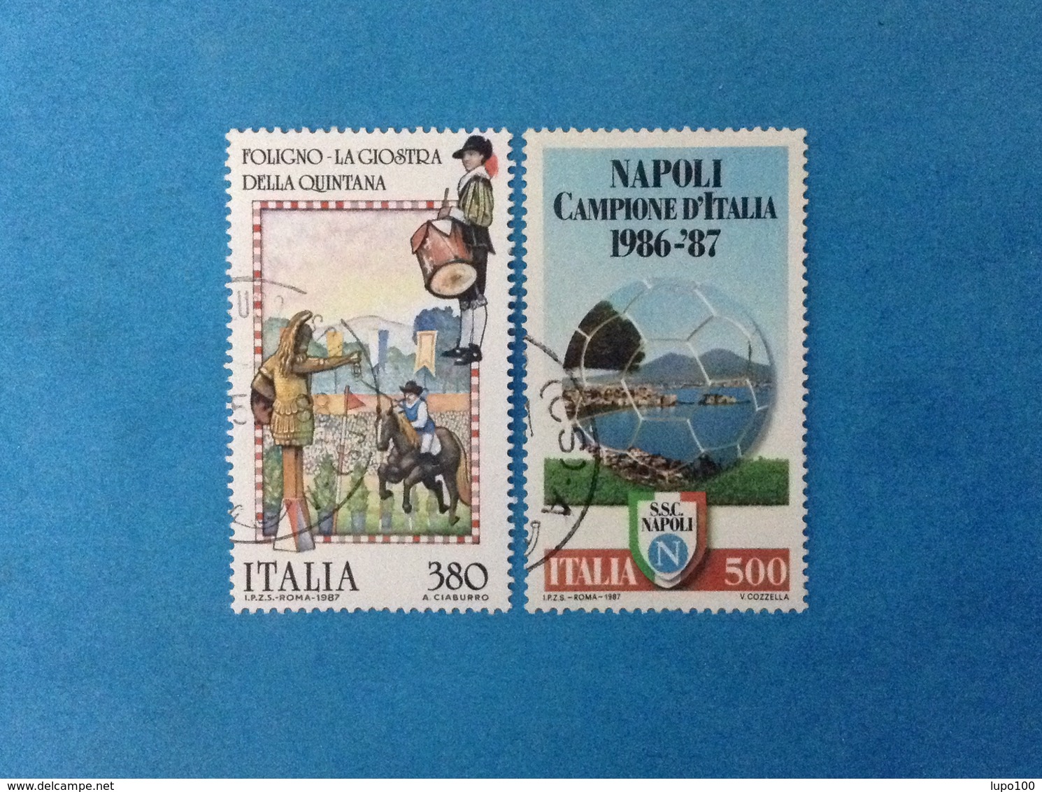 1987 ITALIA FRANCOBOLLI USATI STAMPS USED - FOLCLORE FOLIGNO GIOSTRA QUINTANA + CALCIO NAPOLI CAMPIONE - 1981-90: Usati