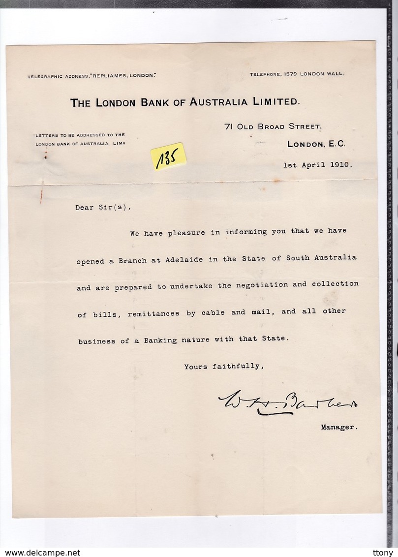 Un Courrier   Bank London  Of  Australia  Limited   Année 1910 - Reino Unido