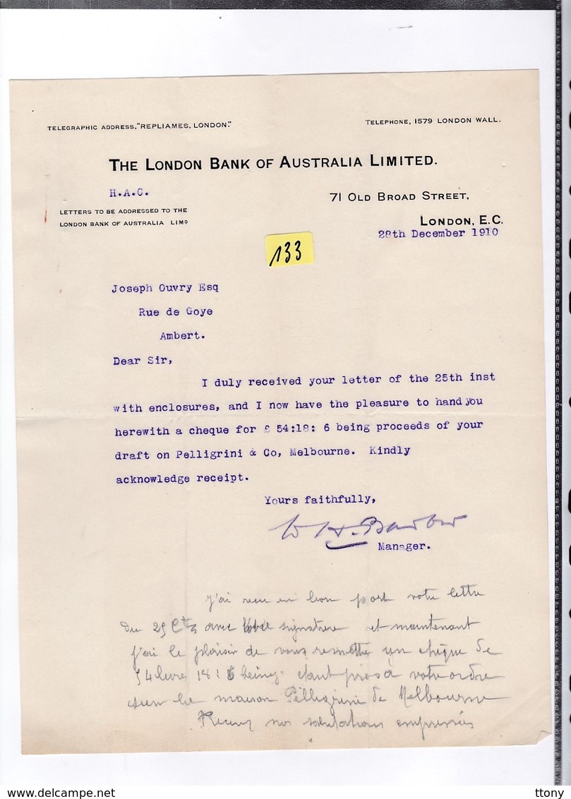 Un Courrier   Bank London  Of  Australia  Limited   Année 1910 - Royaume-Uni