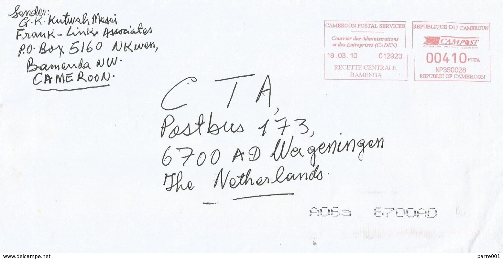 Cameroun Cameroon 2010 RC Bamenda NP350028 Neopost Meter Franking EMA Cover - Kameroen (1960-...)