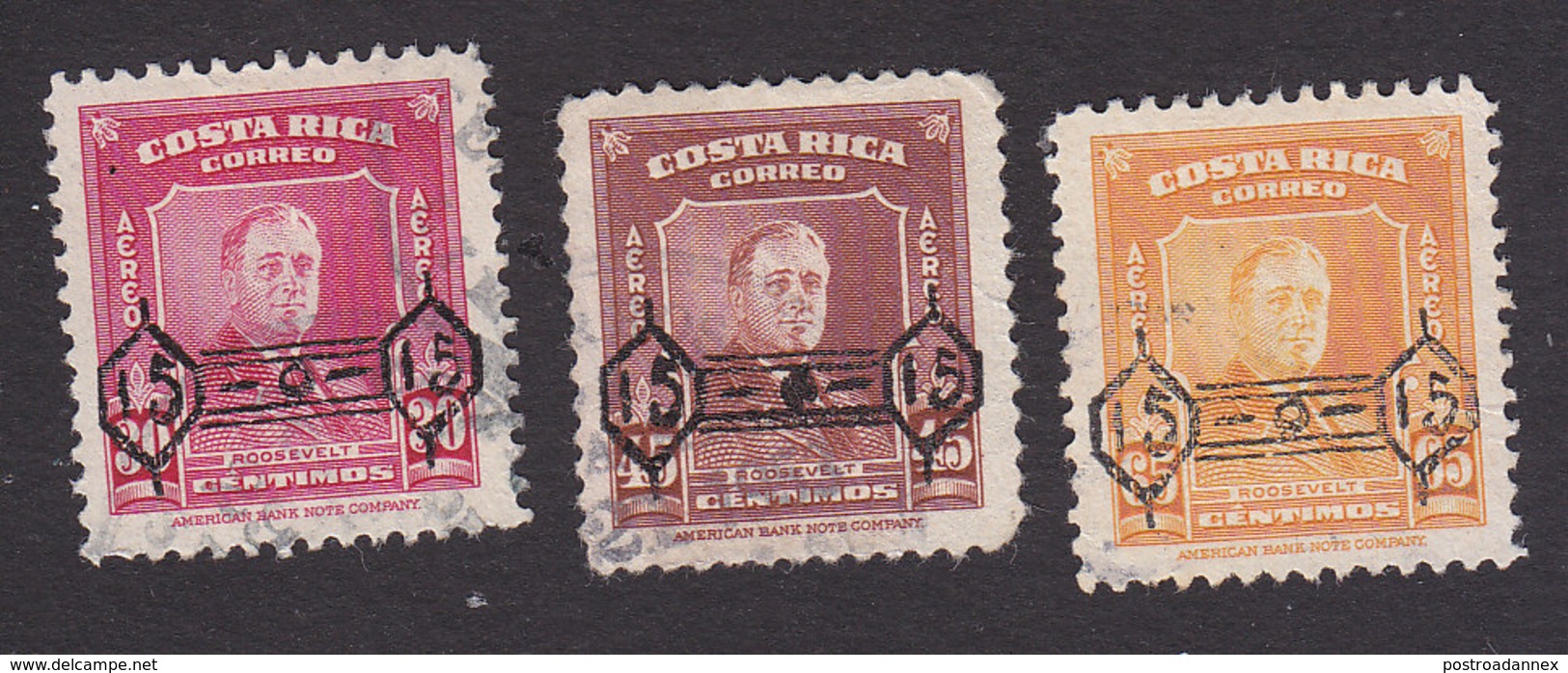 Costa Rica, Scott #C224-C226, Used, Roosevelt Surcharged, Issued 1953 - Costa Rica