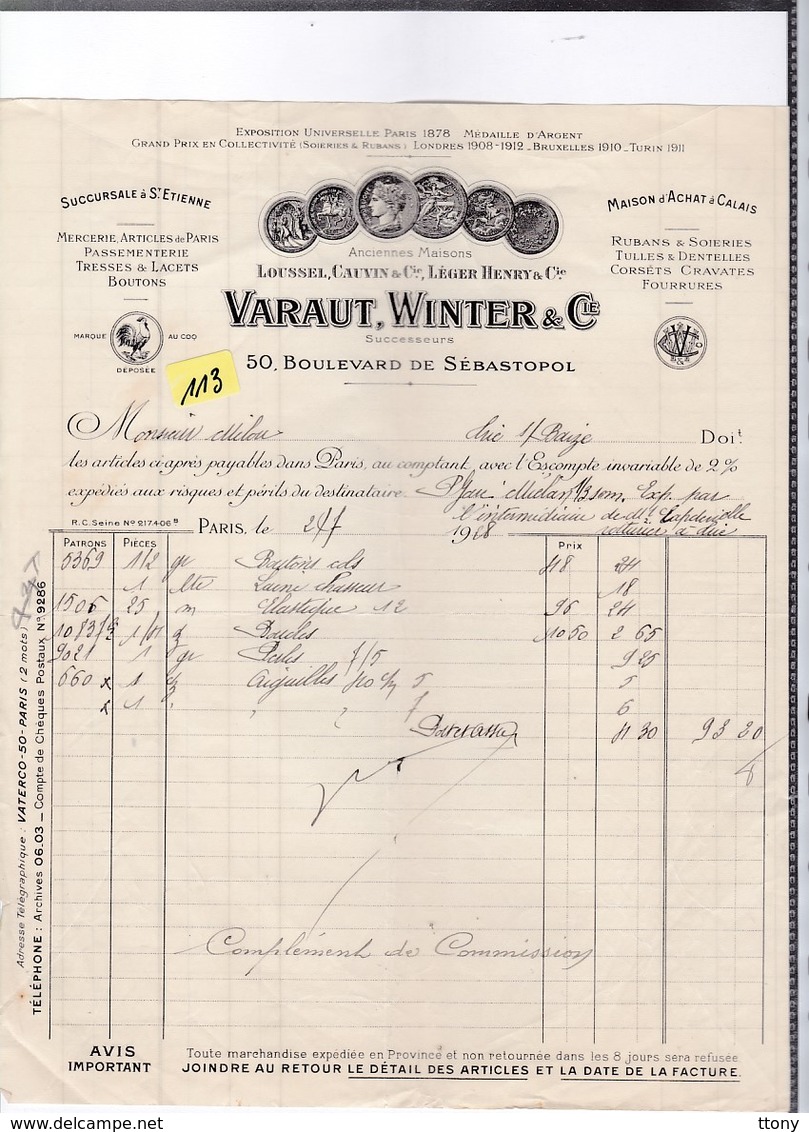 Une Facture :  Ets  Varaut &Winter : Mercerie  Dentelles Cravattes Année 1928 (nombreuses Factures Dans Mes Annonces ) - Textile & Clothing