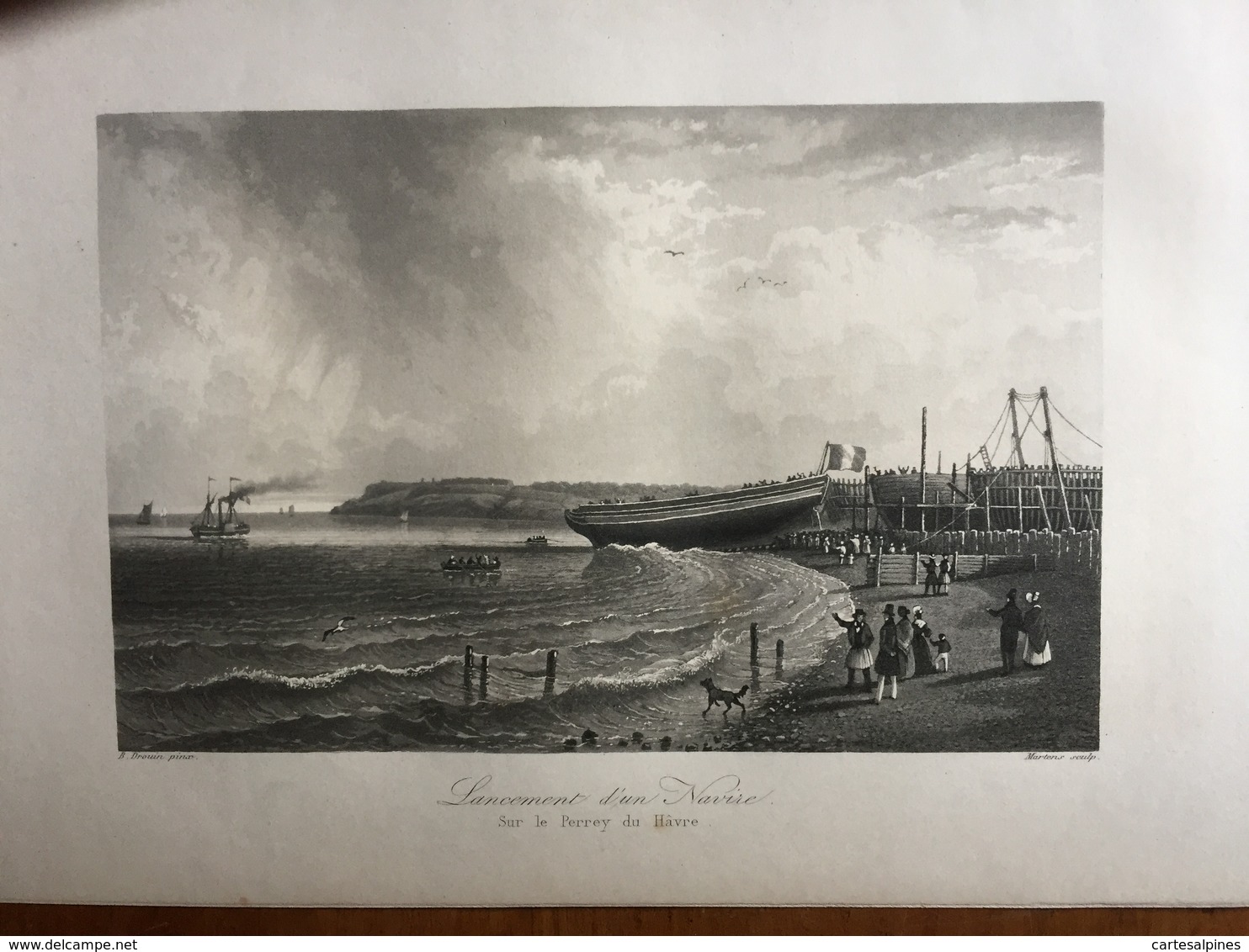 (Normandie) Le Havre: Lancement D'un Navire Sur Le Perrey Du Havre. Gravure à L'aquatinte De 1840. - Normandie