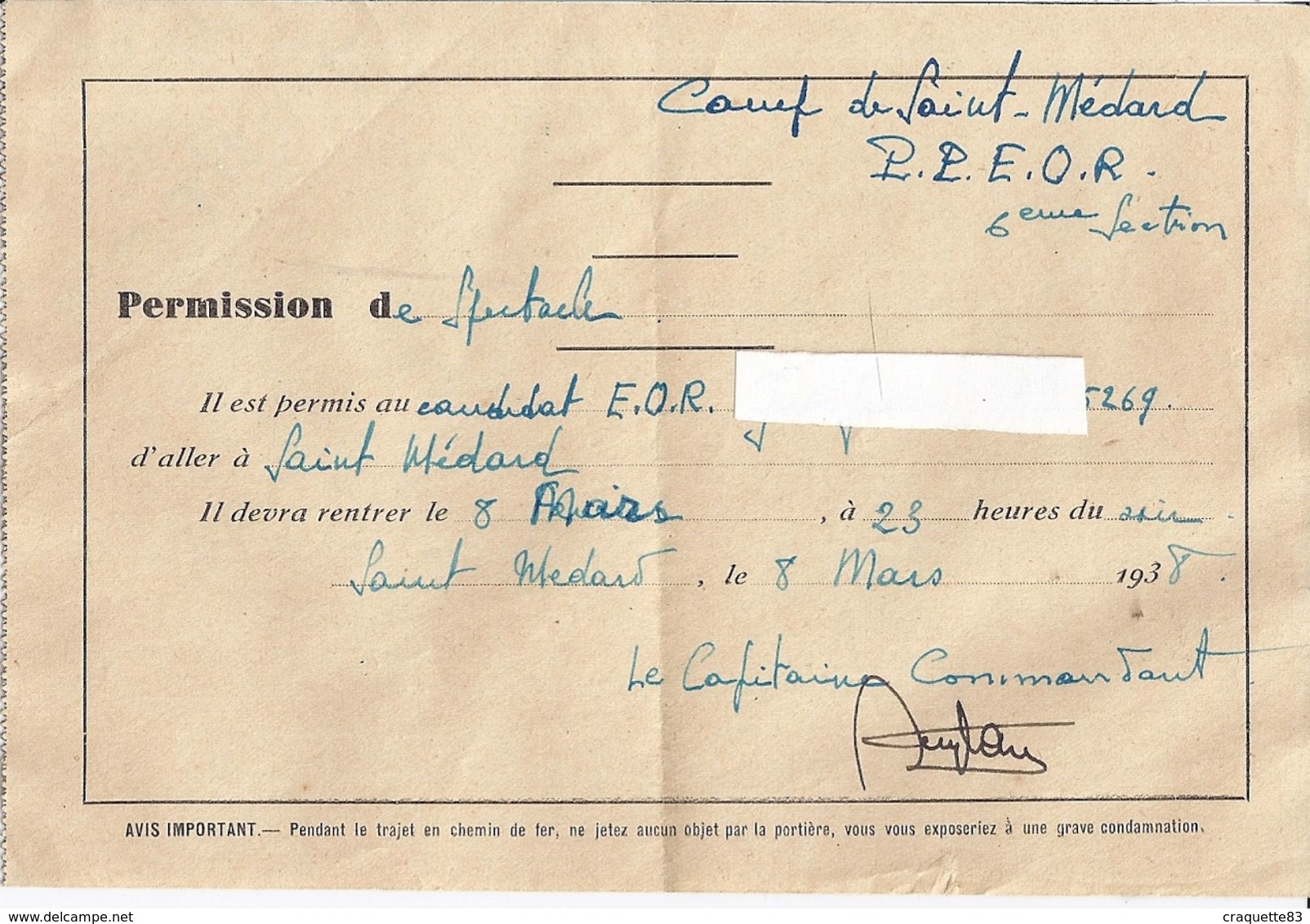 PERMISSION DE SPECTACLE Au Candidat E.O.R. D'aller Au Spectacle -CAMP DE SAINT MEDARD- P.P.E.O.R 6è SECTION  1938 - Documents