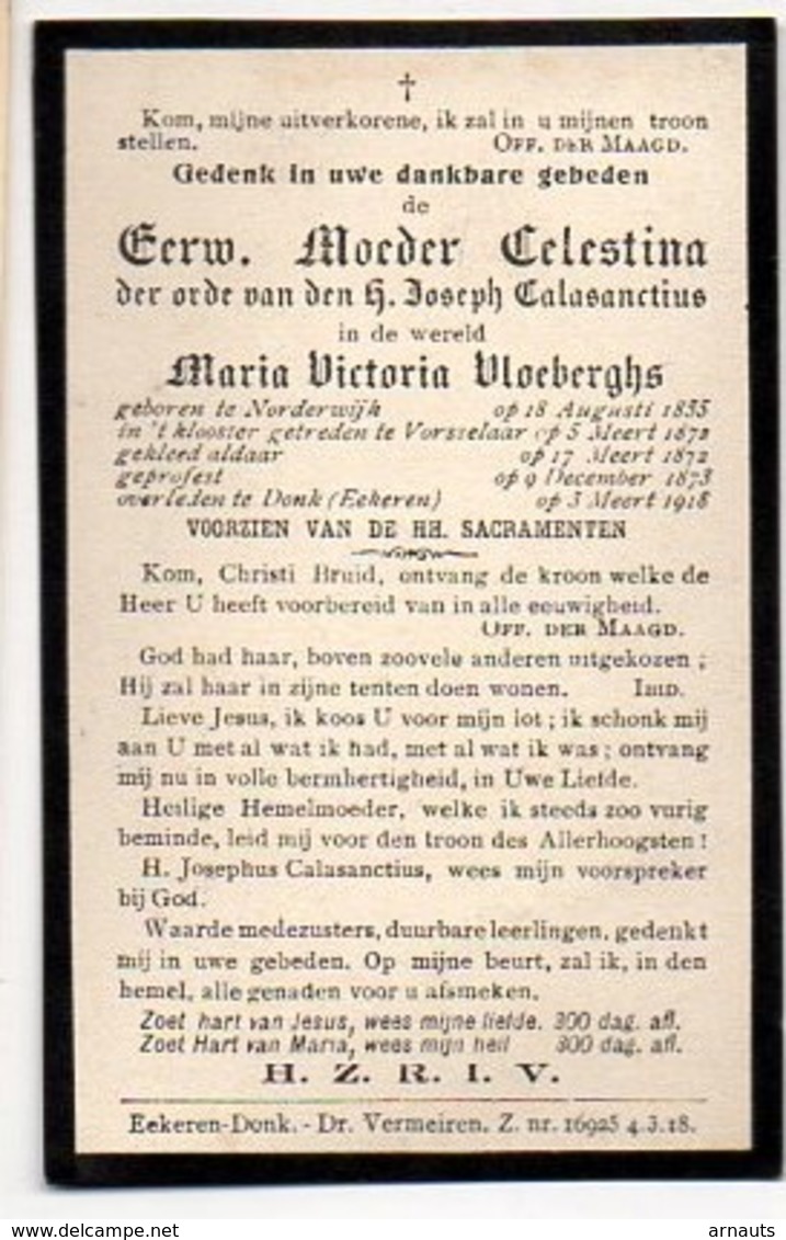 Eerwaarde Moeder Celestina Geb. Vloeberghs Maria Victoria °1835 Noorderwijk - Klooster Vorselaar +1918 Donk Ekeren - Décès