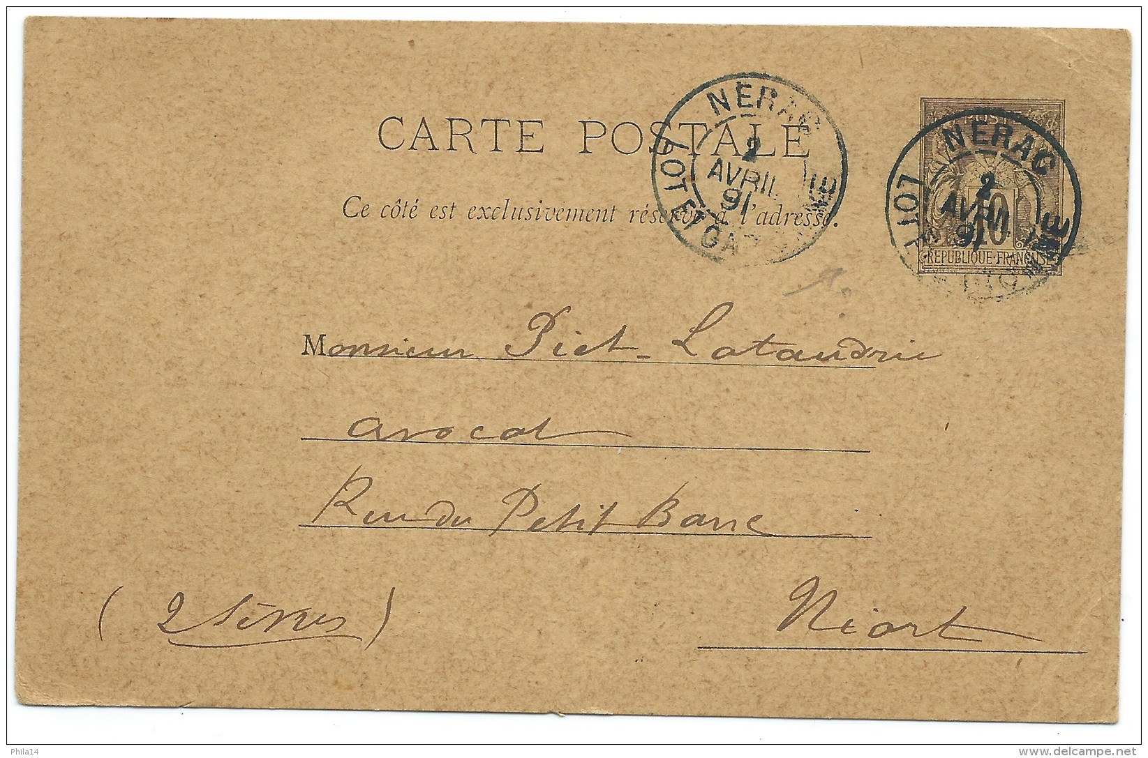 CARTE POSTALE SAGE 10c  / NERAC LOT ET GARONNE POUR NIORT / 1891 - 1877-1920: Periodo Semi Moderno