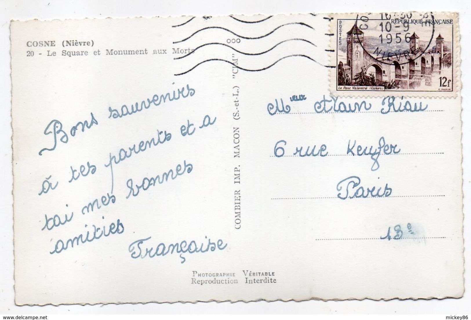 COSNE---1956--Le Square Et Monument Aux Morts   --cachet-timbre - Cosne Cours Sur Loire