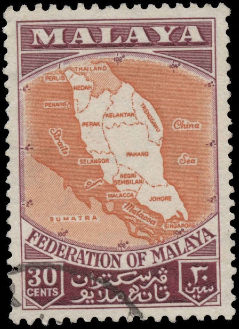 Malaya Scott # 83, 30¢ Deep Claret & Red Orange (1957) Map Of Federation, Used - Federation Of Malaya