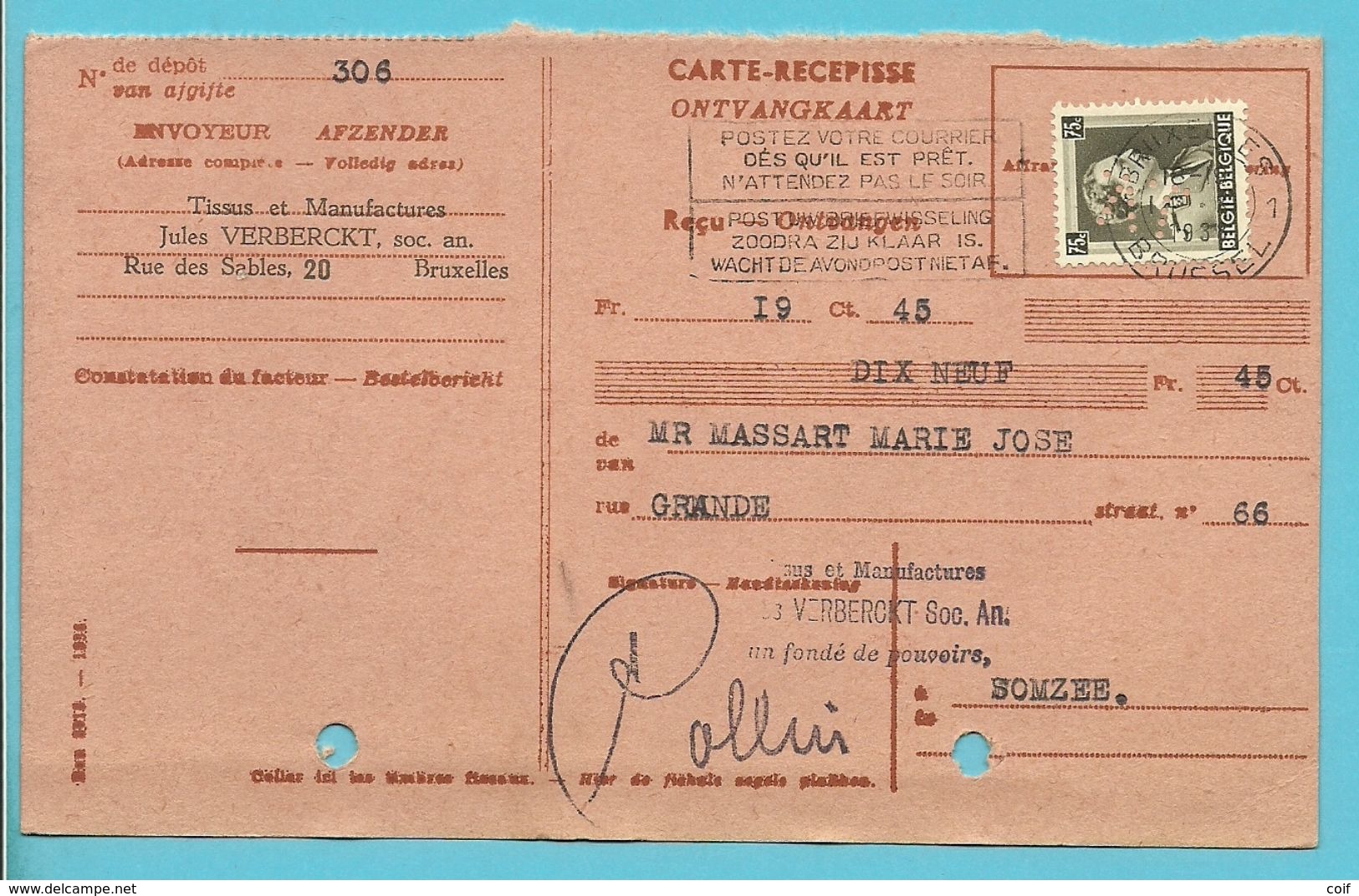 480 Op Ontvangkaart (Carte-recepisse) Met Stempel BRUXELLES, Met Firmaperforatie (perfin) "J.V." Van Jules Verberckt - 1934-51