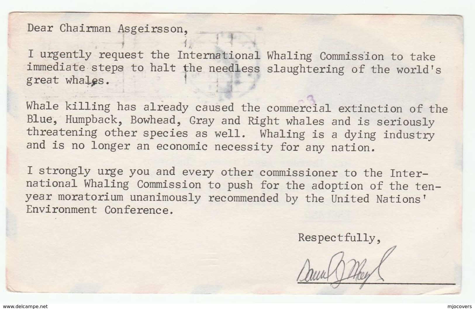 1979 ANTI WHALING PROTEST Mail Card USA Addresssed To Chairman INTERNATIONAL WHALING COMMISSION GB Whales , Stamps Whale - Whales