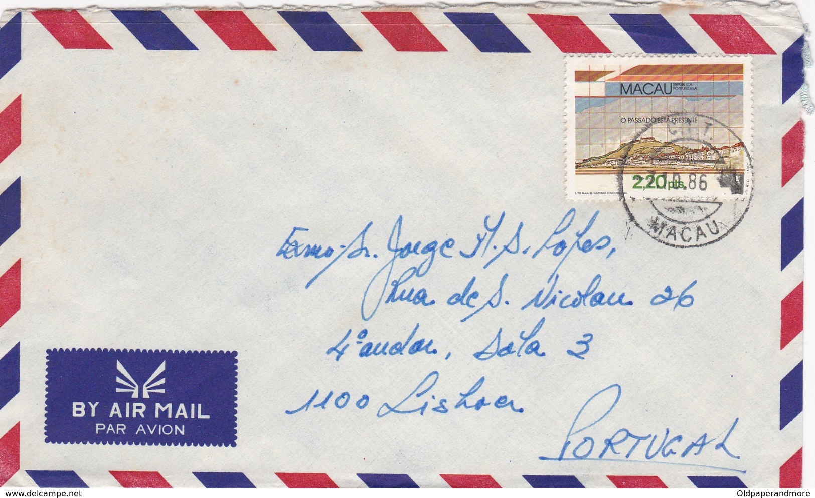 PORTUGAL MACAU AIR MAIL COVER - MACAU To LISBOA - Luchtpost