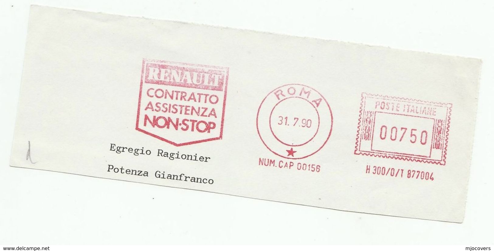 1990 Italy RENAULT Car METER Slogan RENAULT NON STOP SERVICE CONTRACT , Stamps On PIECE - Cars