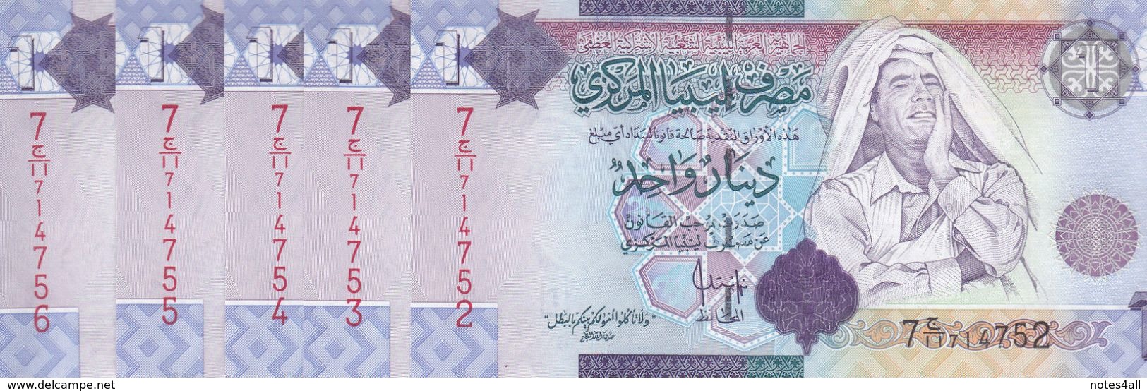 LIBYA 1 DINAR 2009 P-71 SIG/10 Bengadara LOT X5 UNC NOTES */* - Libye