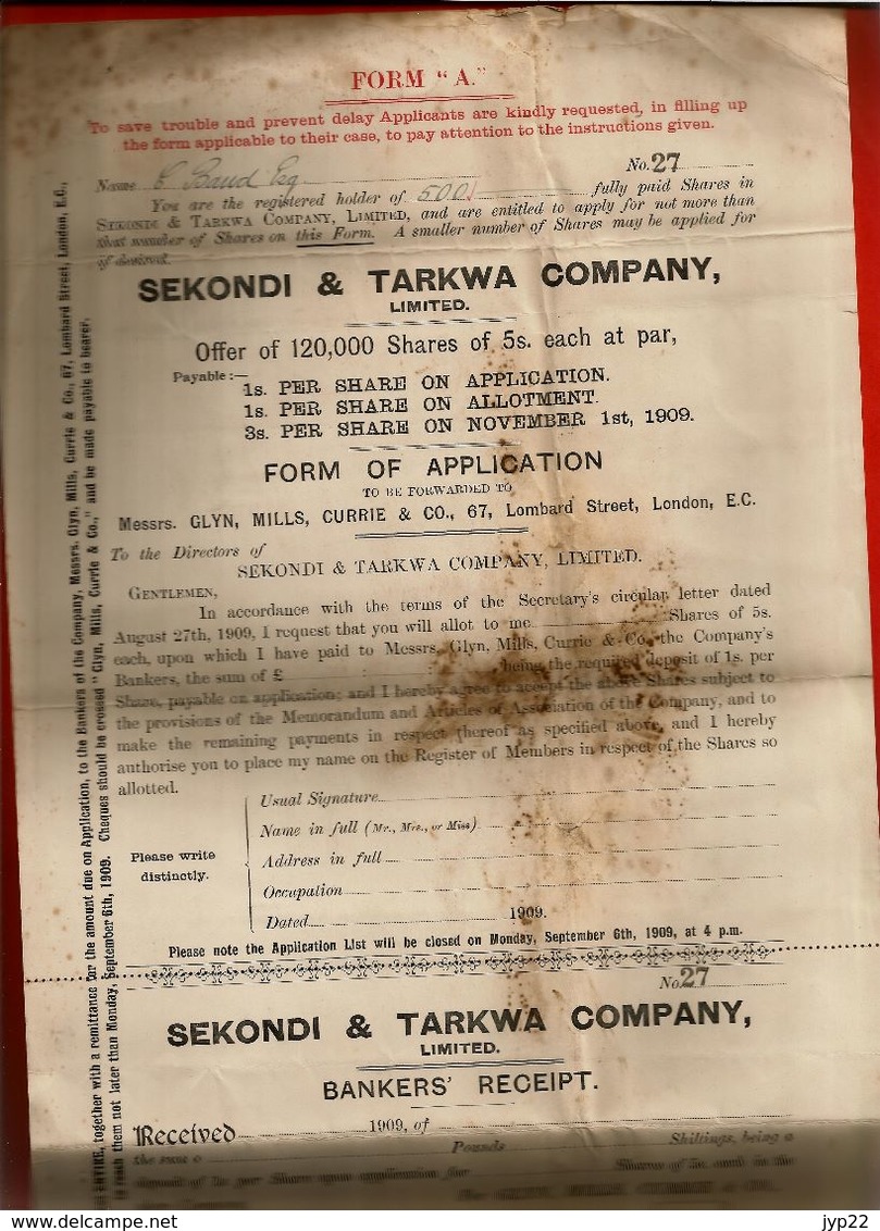 Rare Courrier Anglais Sekondi & Tarkwa London Londres 1909 - Banque - Glyn Mills Currie - Regno Unito