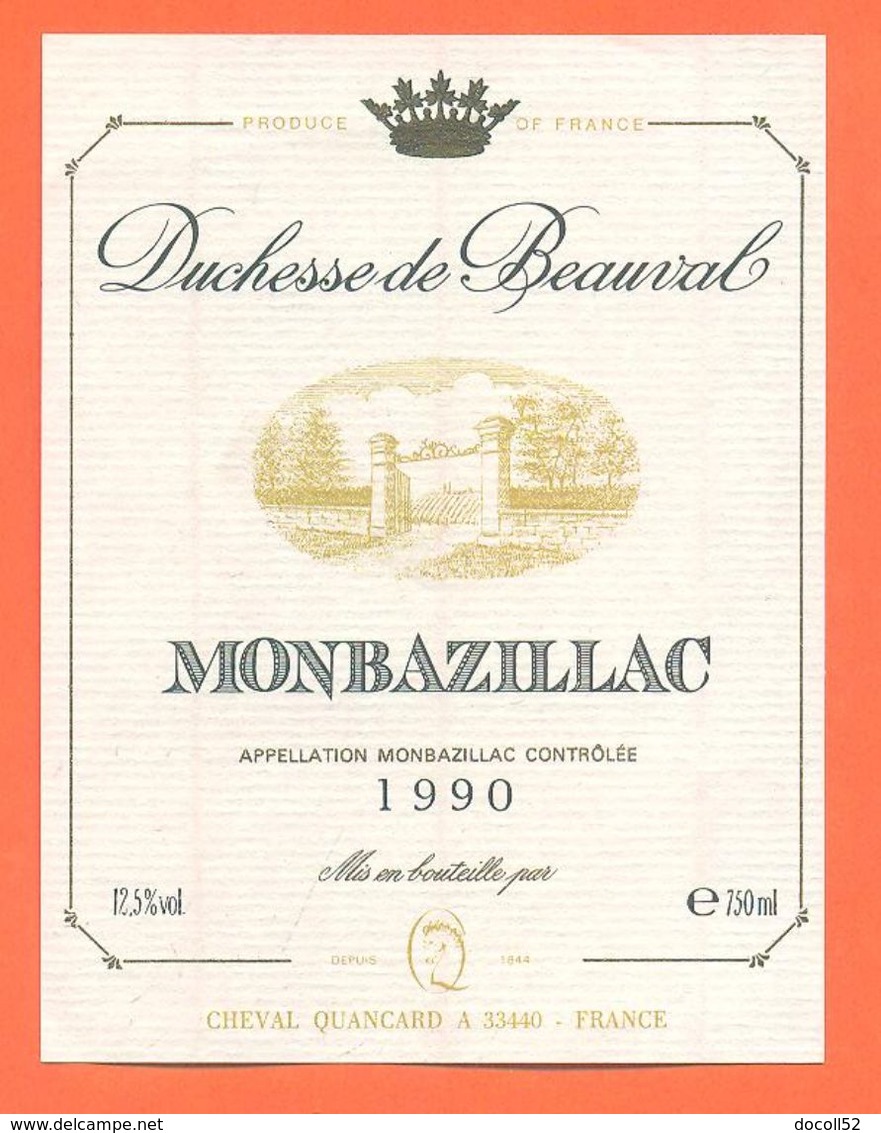 étiquette Vin De Monbazillac Duchesse De Beauval 1990 Cheval Quancard à 33440 - 75 Cl - Monbazillac