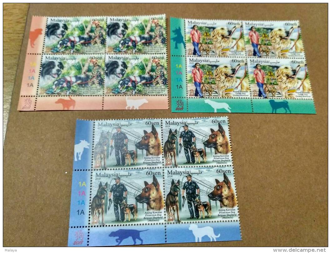 Malaysia Chinese Zodiac  Year Of  Dog 2018 Working Dogs Police Drug Block 4 Corner 1A 1A Stamp MNH - Malaysia (1964-...)