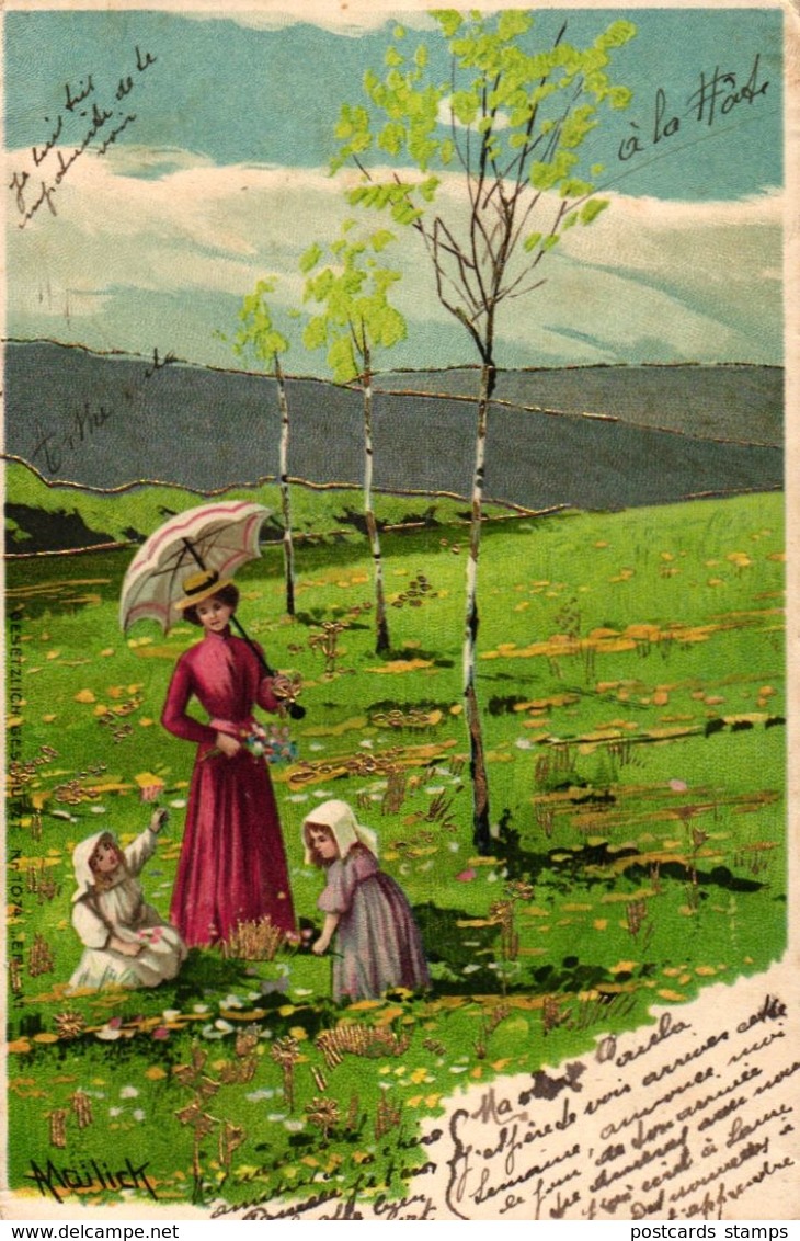 Mutter Mit Kindern, Wiese, Birken, Sign. Mailick, 1903 - Mailick, Alfred