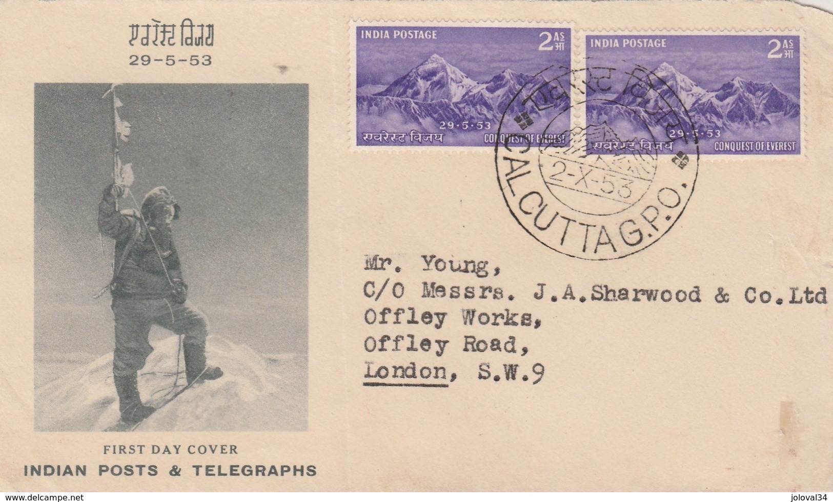 INDE Devant De Lettre FDC Yvert 44 X 2 Conquête Du Mont Everest CALCUTTA 2/10/1953 - Covers & Documents