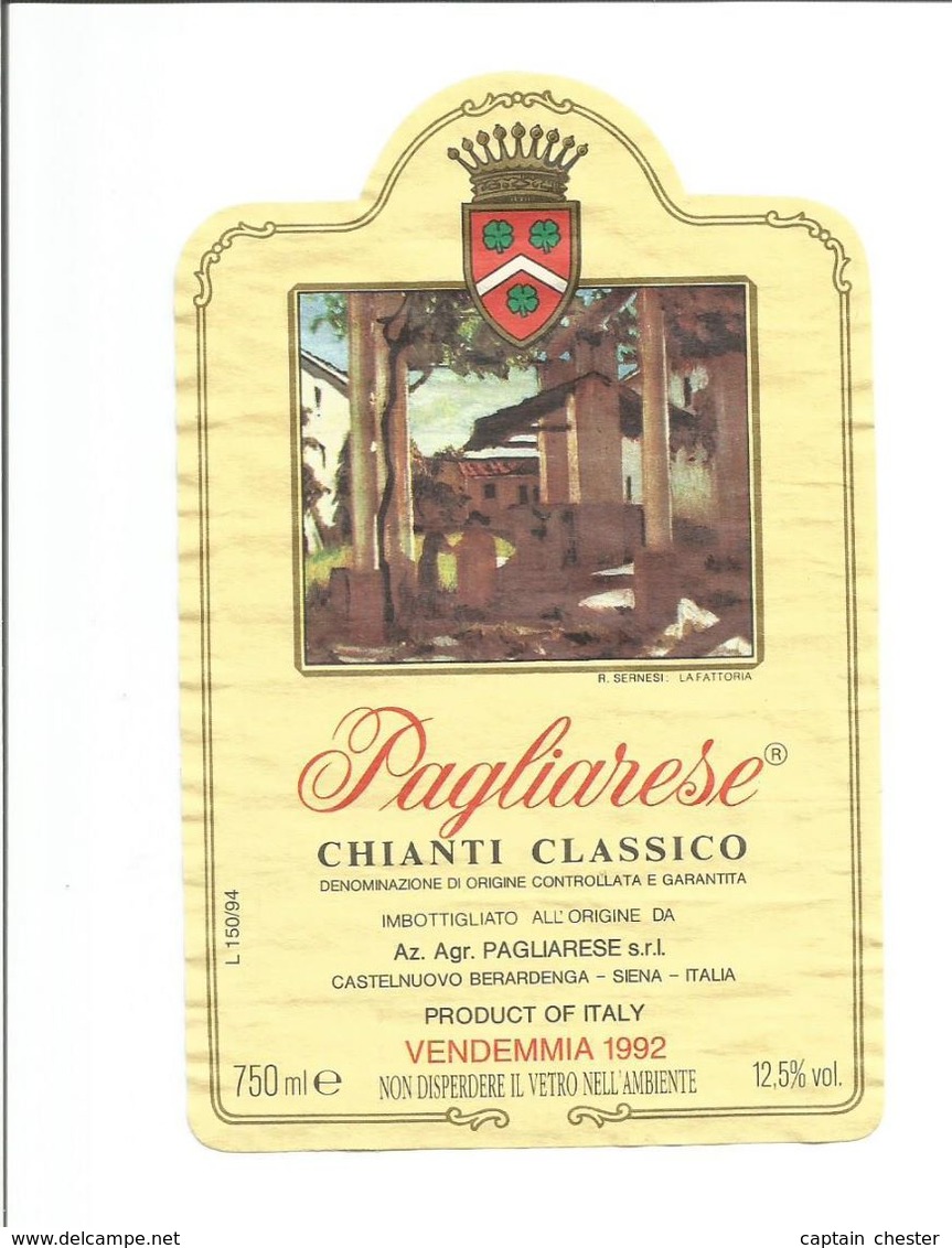 Etiquette De Vin D' ITALIE " Pagliarese - Chianti Classico 1992 " - Rouges