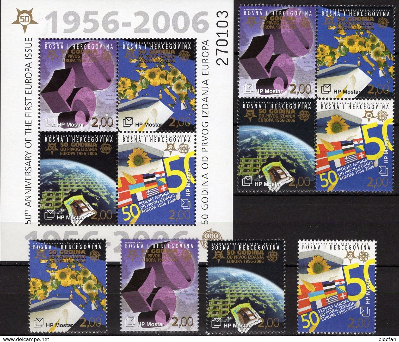 EUROPA-Karte 2006 Bosna-Hercegovina 166/9,VB+Block 7 ** 50€ S/s Maps Se-tenants Bloc Flags Sheet Bf 50 Jahre CEPT - Collections (without Album)
