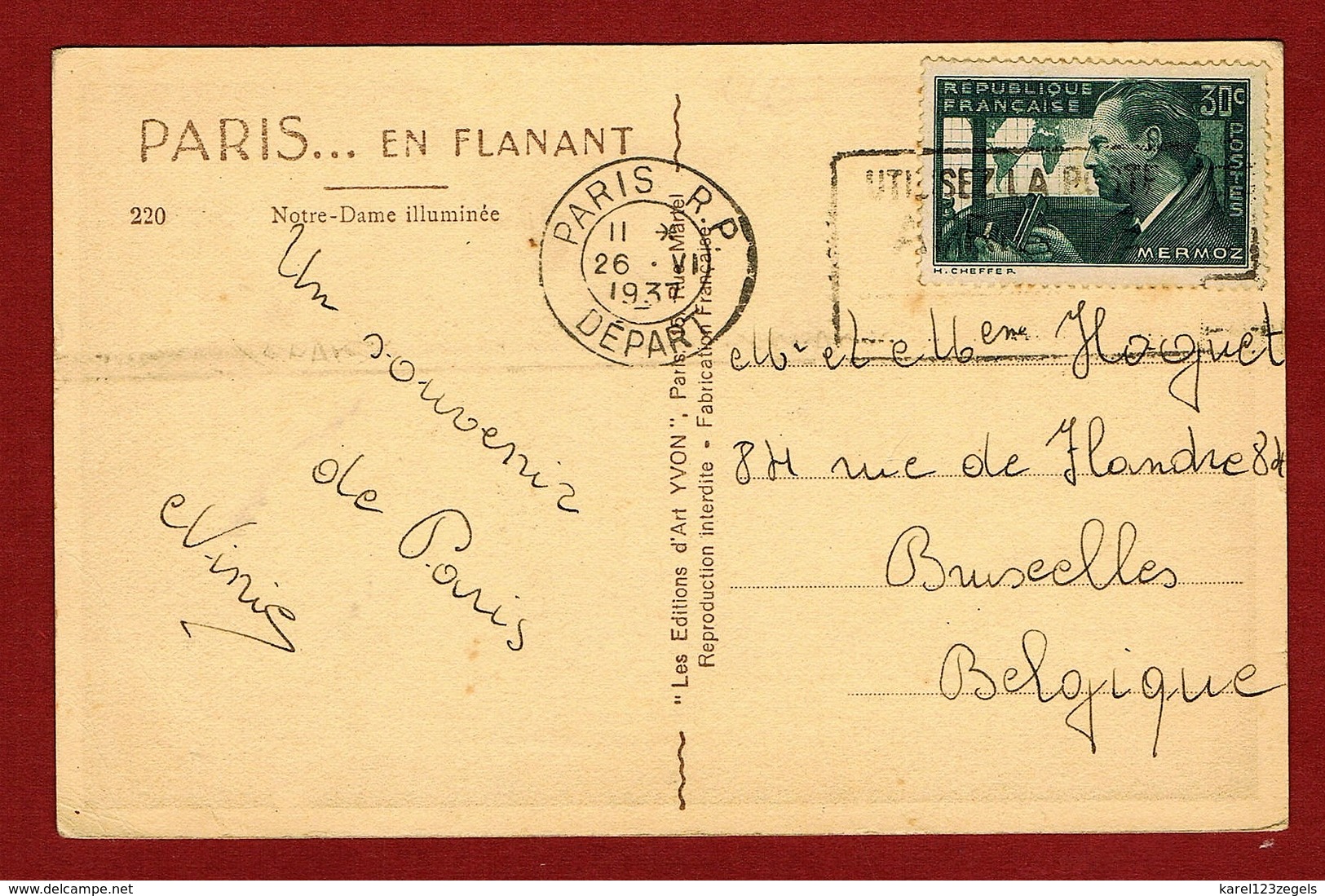 Carte Postale Vers Bruxelles, Timbre Mermoz 1934 - Altri & Non Classificati