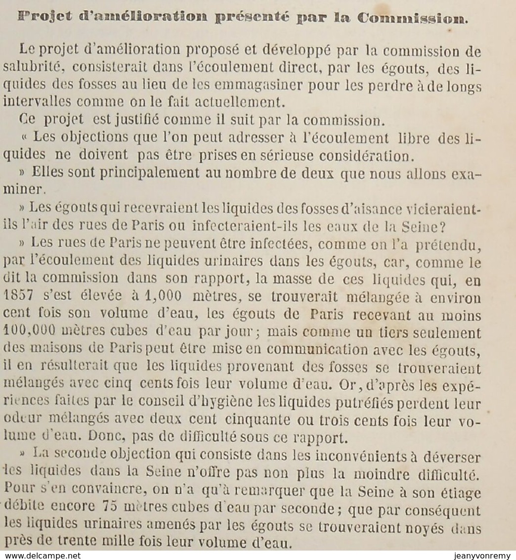 Plan De L'assainissement Des Latrines Et Lieux D'aisances. 1859 - Opere Pubbliche