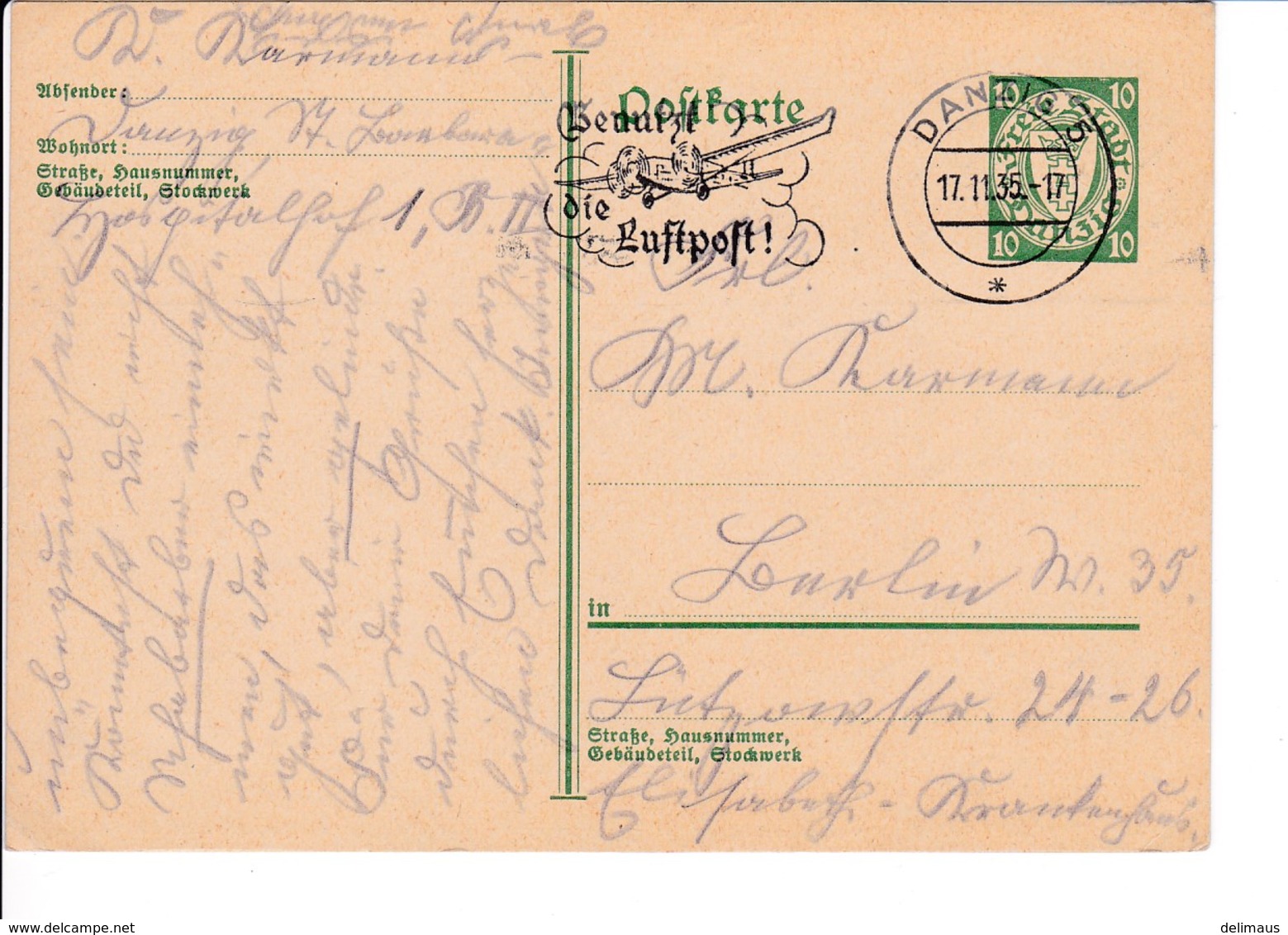 Danzig Ganzsache P42 17.11.1935 Stempel Benutzt Die Luftpost - Interi Postali