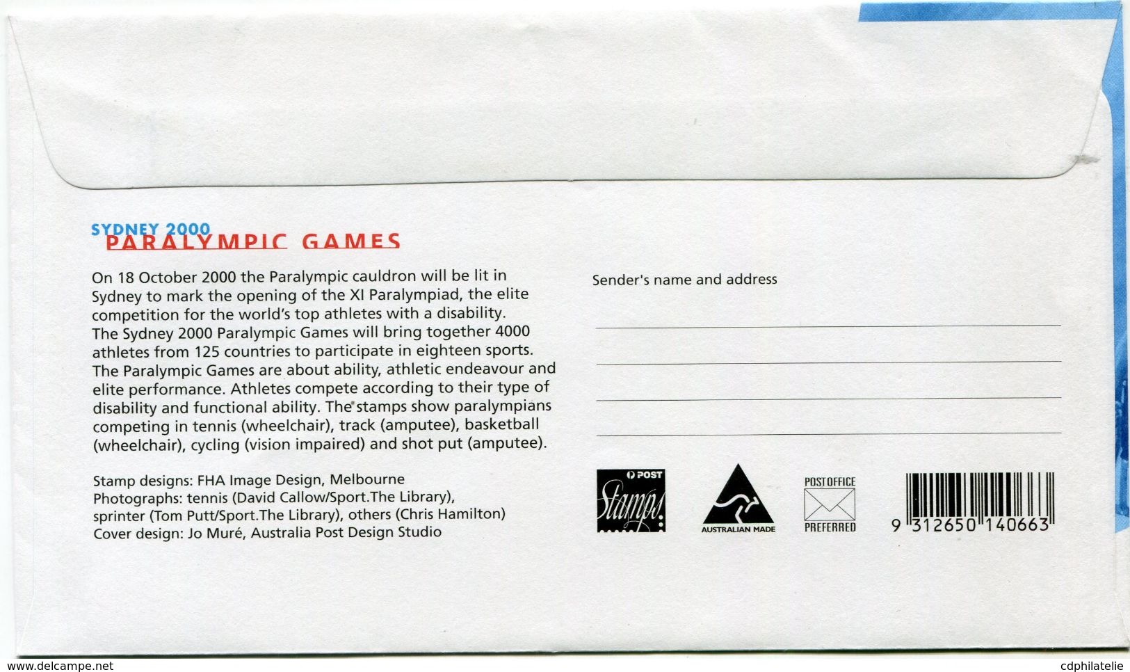 AUSTRALIE ENVELOPPE 1er JOUR DES N°1836/1840 JEUX PARALYMPIQUES DE SYDNEY OBLITERATION SYDNEY 3 JULY 2000 - Sommer 2000: Sydney - Paralympics