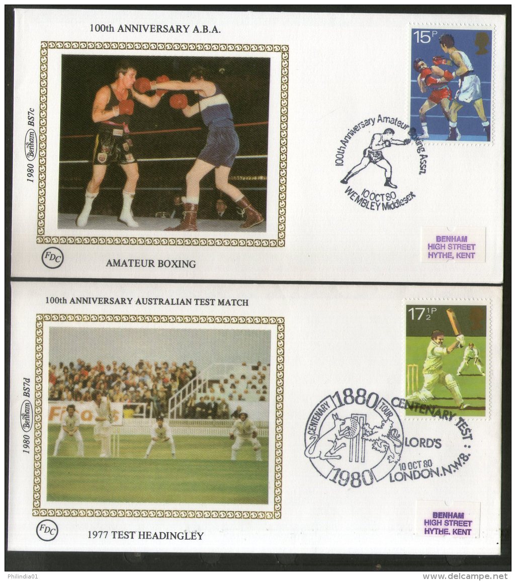 Great Britain 1980 Sport Cricket Boxing Football Athletic  Benham Silk FDCs  # 13309 - Cricket