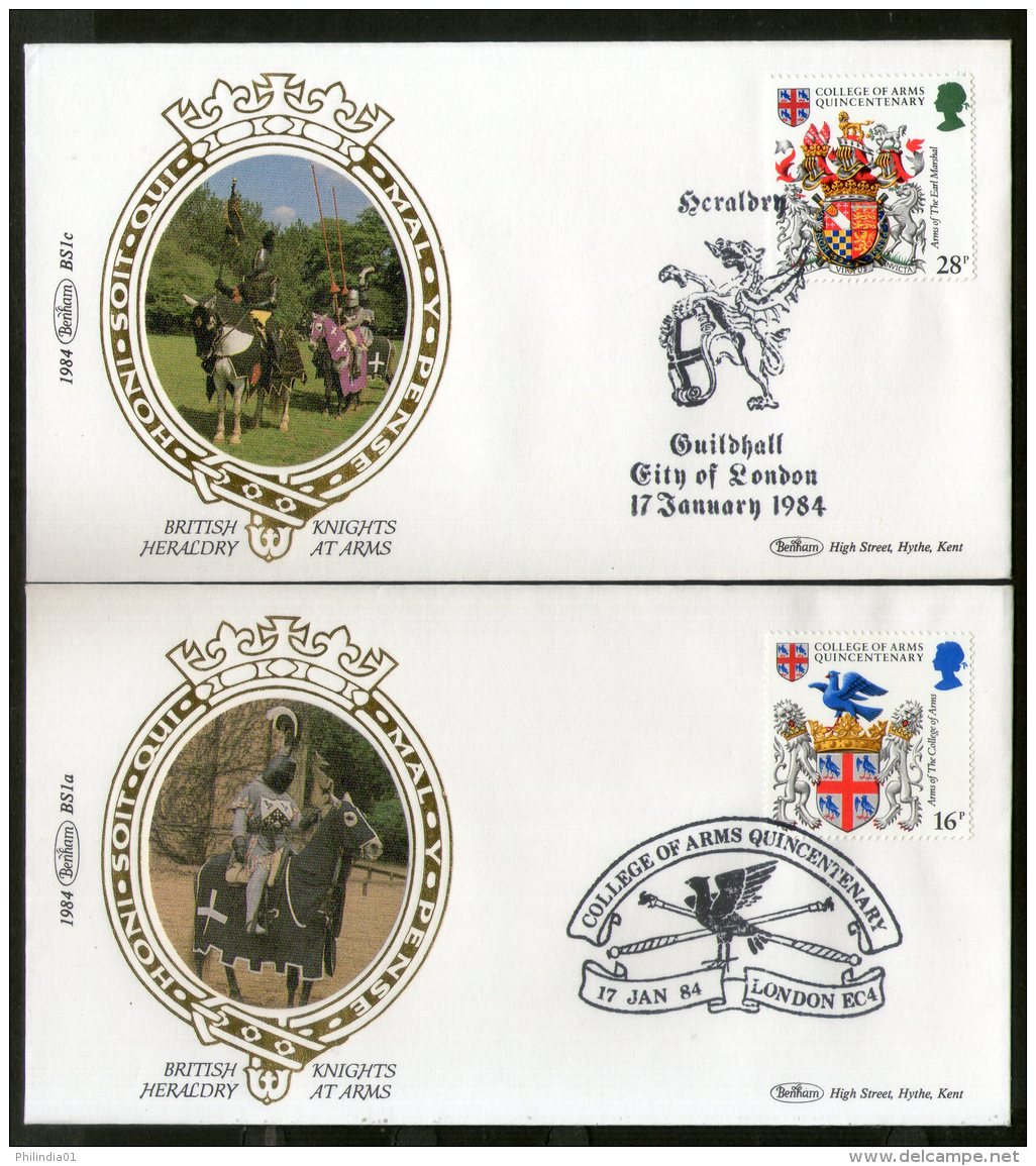 Great Britain 1984 College Of Arms Knights At Arms Horse Coat Of Arms Benham Silk FDCs # 13117 - Covers