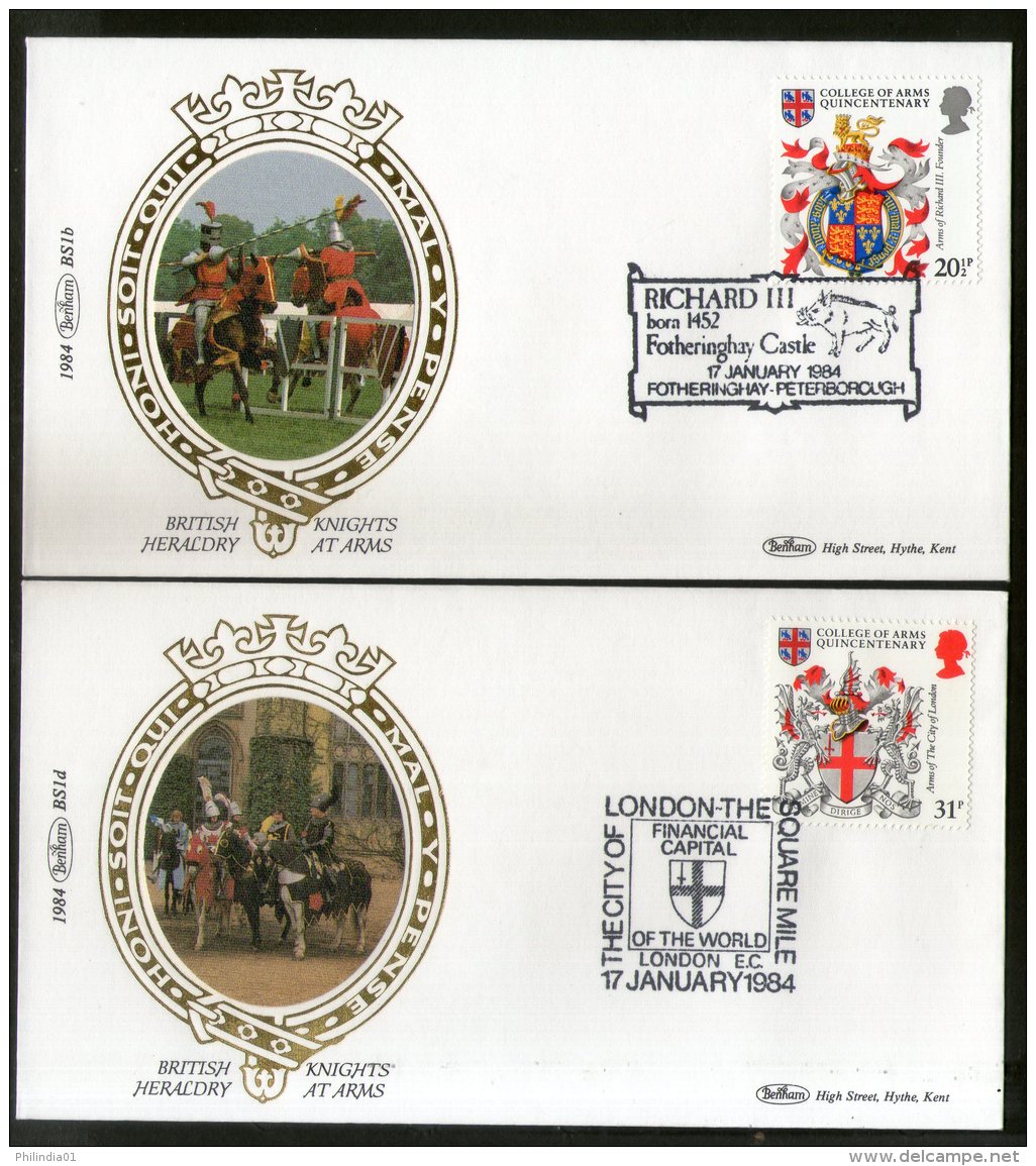 Great Britain 1984 College Of Arms Knights At Arms Horse Coat Of Arms Benham Silk FDCs # 13117 - Buste
