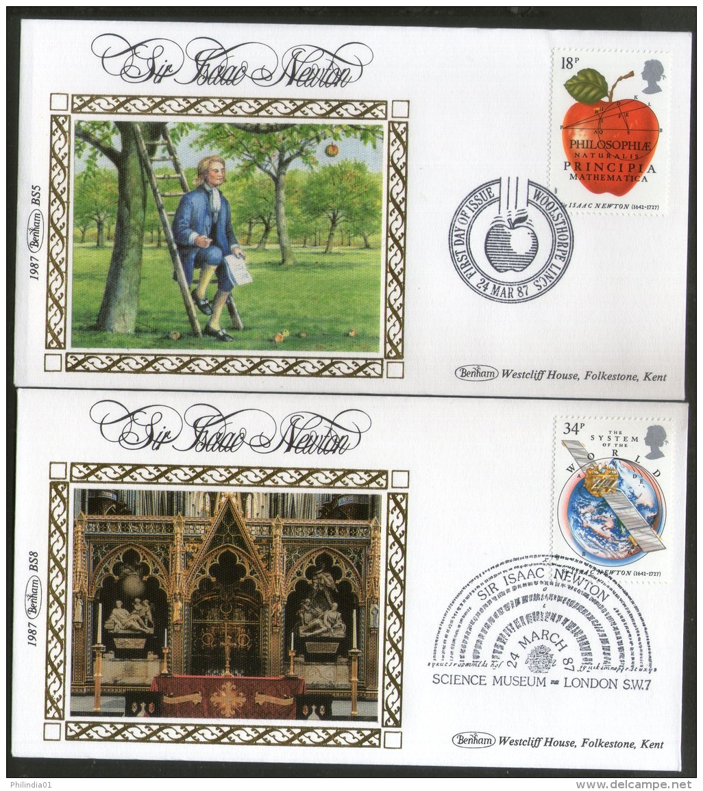 Great Britain 1987 Sir ISAAC Newton Science Museum Math Apple Benham Silk FDCs  # 13311 - Physics